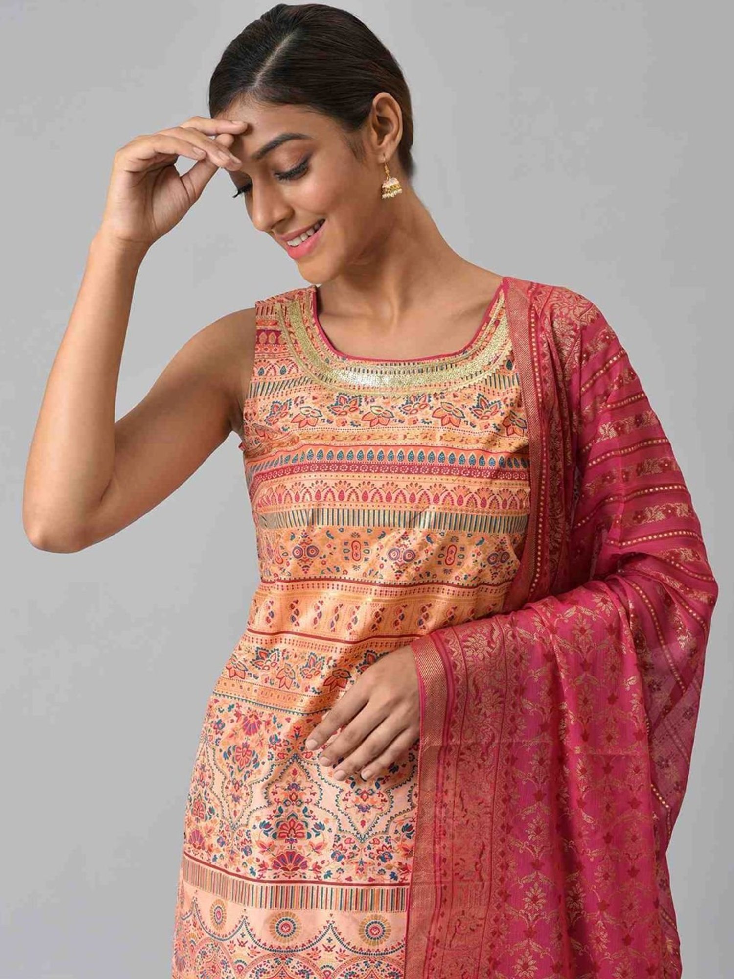 Aurelia Peach & Pink Printed Kurti Sharara Set With Dupatta
