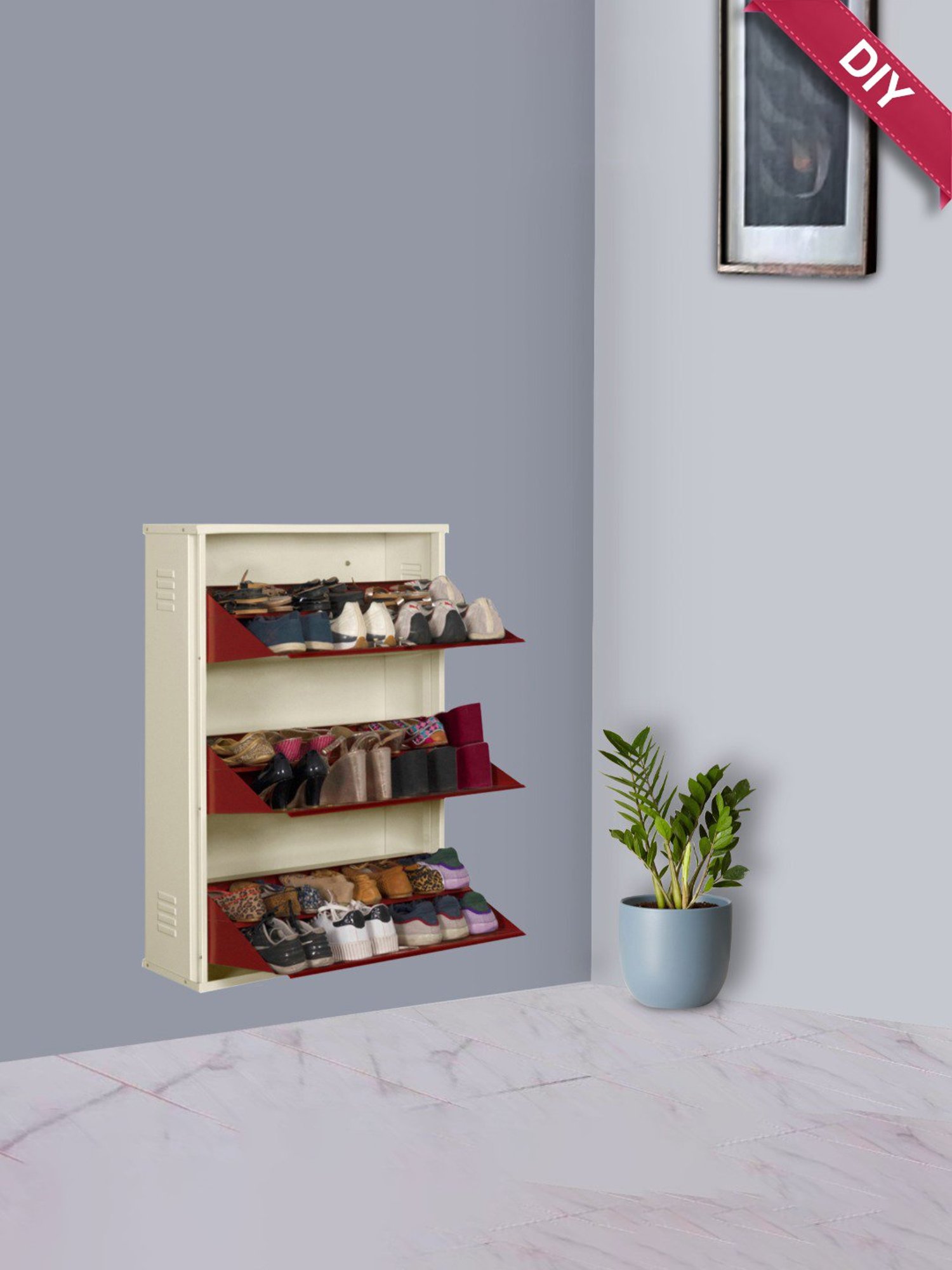 Delite Kom Metal Shoe Rack - 29" 6 Shelf, Double Decker, Ivory BrickRed, PowderCoat, Wall Mount, DIY
