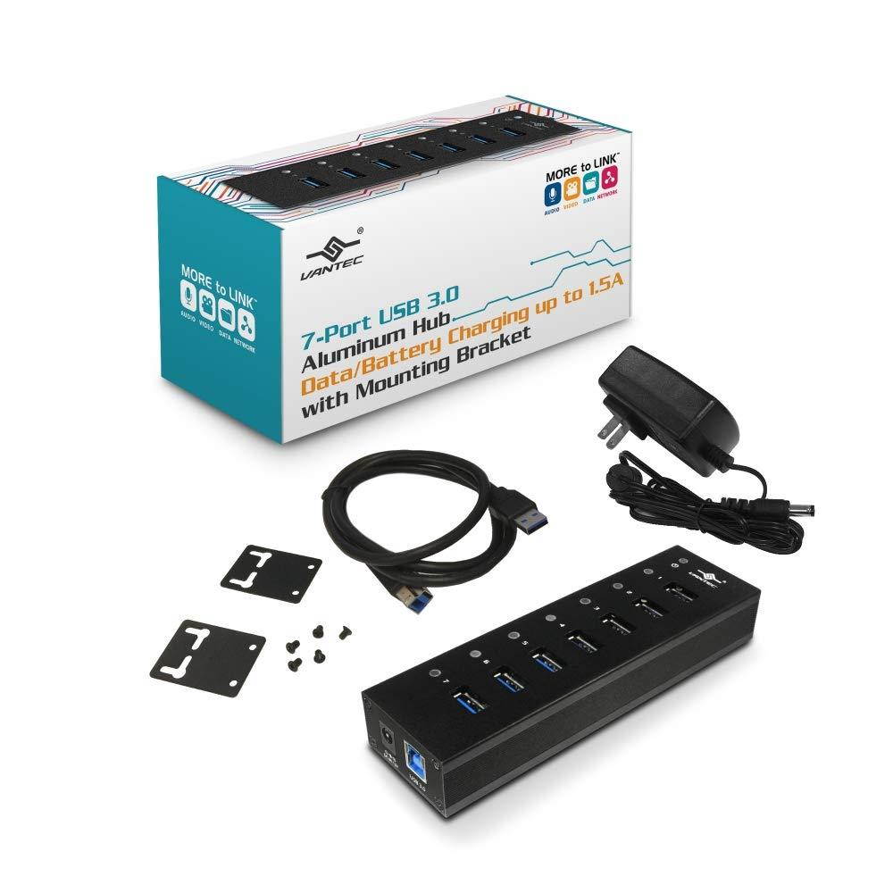 Vantec 7-Port USB 3.0 Hub, Aluminum, Full Powered, Mountable, with All Ports Data & Charging Up to 1.5A, BC 1.2, Premium 12V/3A, 36W Power Adapter (UGT-AH710U3-BK)