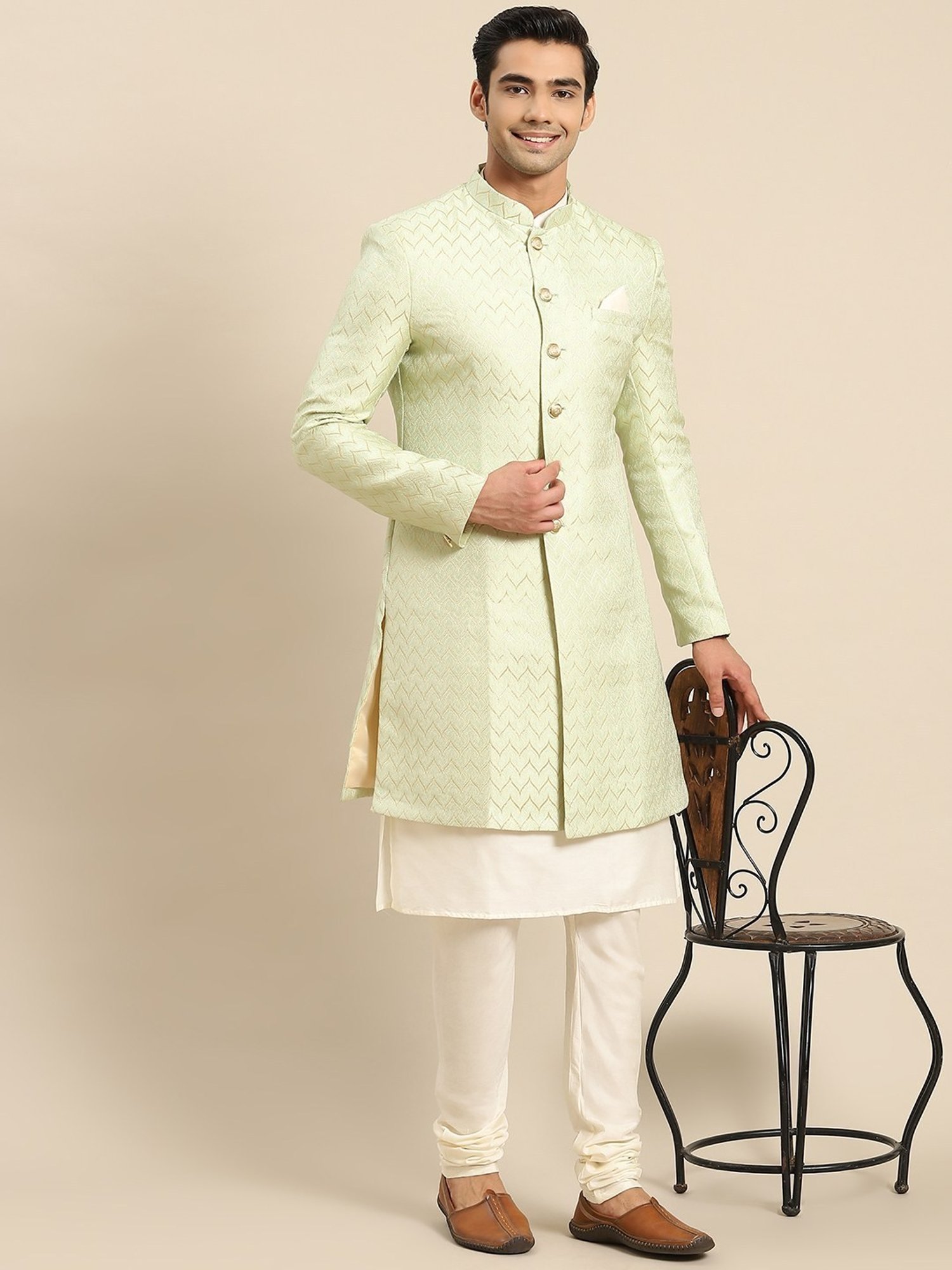 Hangup Plus Beige & Black Regular Fit Printed Sherwani Set