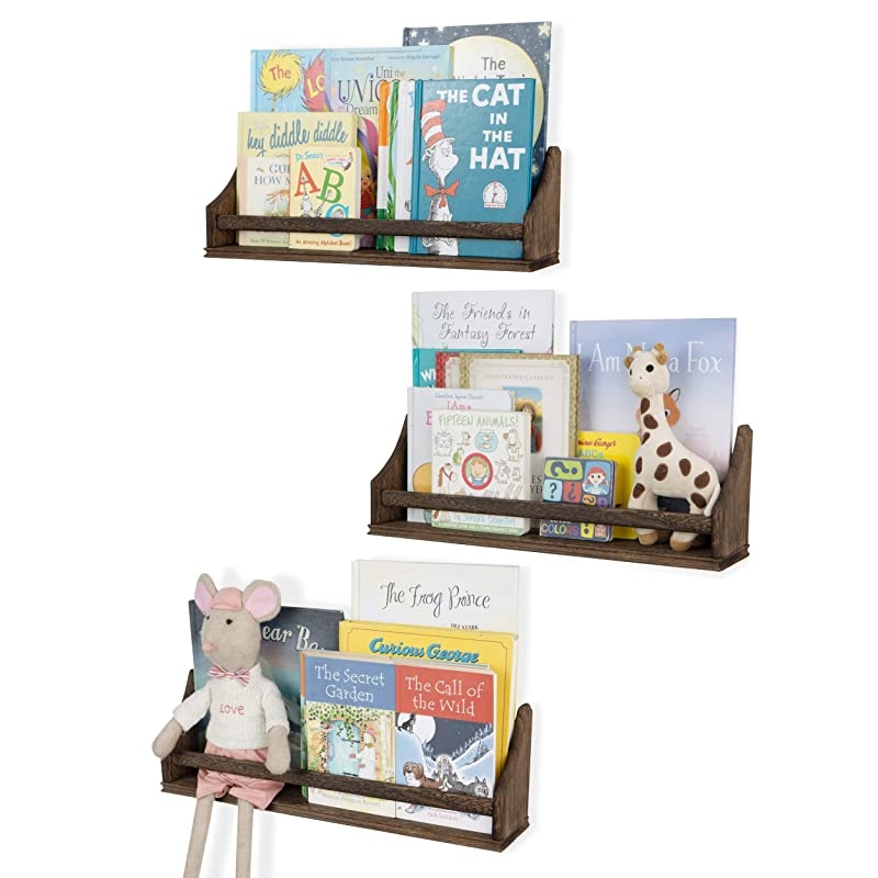 Decor Wall Shelves 3 Shelf Set Rustic Burnt Wash Crown Molding Floating Bookshelves for Baby and Kids Room Book Organizer Storage Ledge Display Holder for Toys CDs Baby Monitor 20 Inches