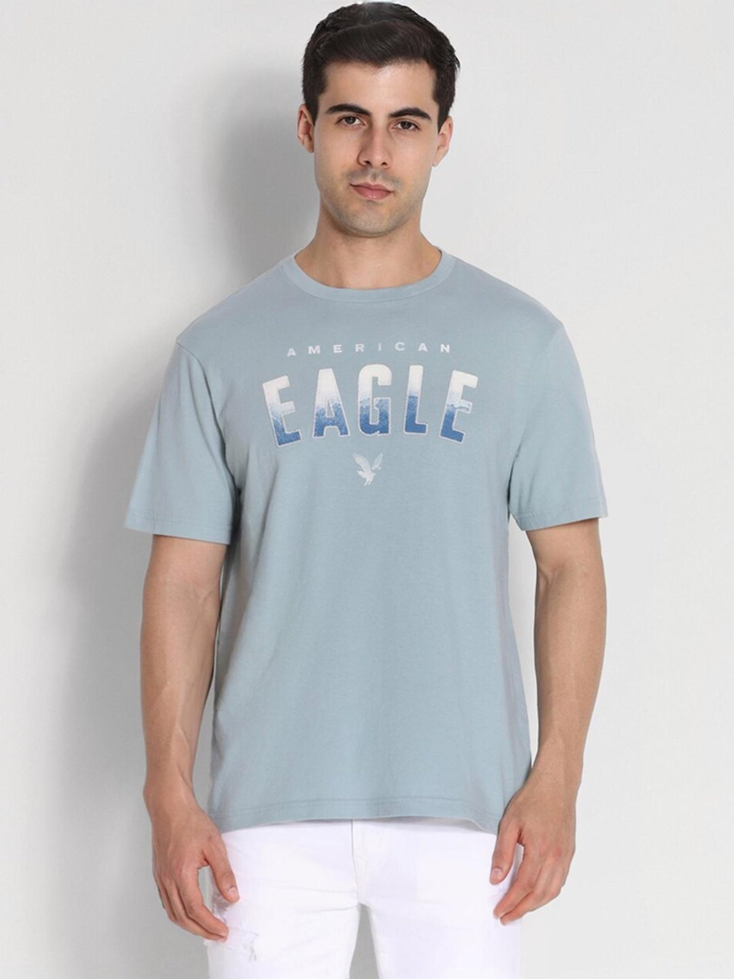 American Eagle Blue Cotton Regular Fit Logo Printed T-Shirt