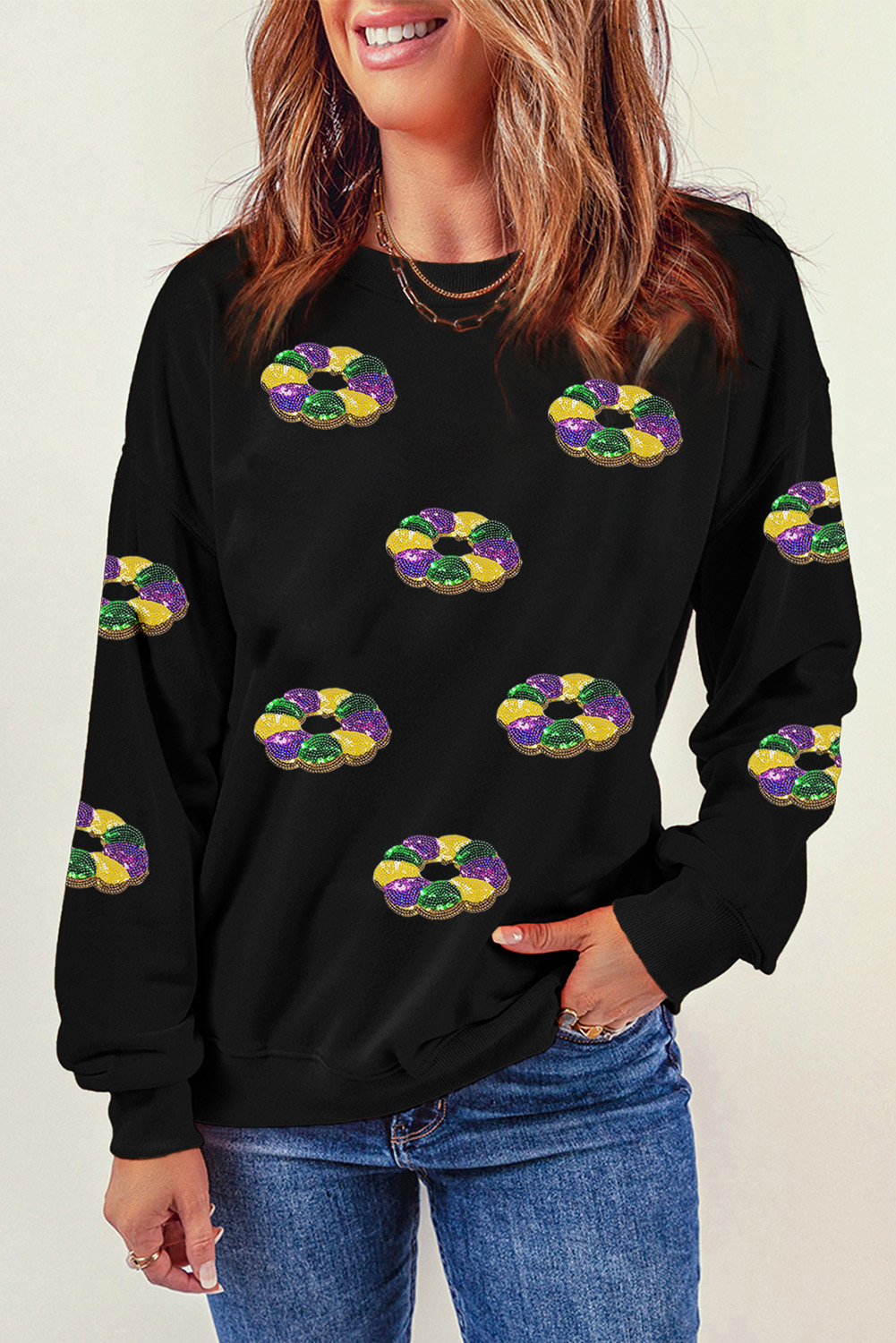 Gray Xmas Candy Cane Sequins Graphic Corded Sweatshirt