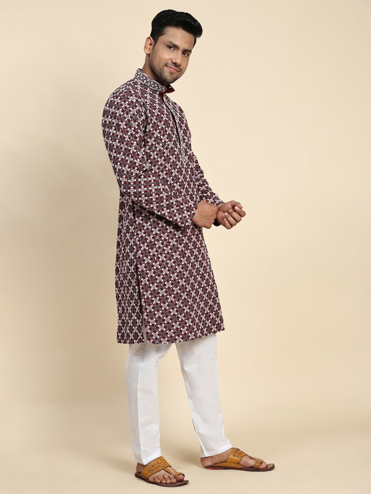 Pro-Ethic Style Developer Maroon & White Cotton Regular Fit Embellished Kurta Bottom Set