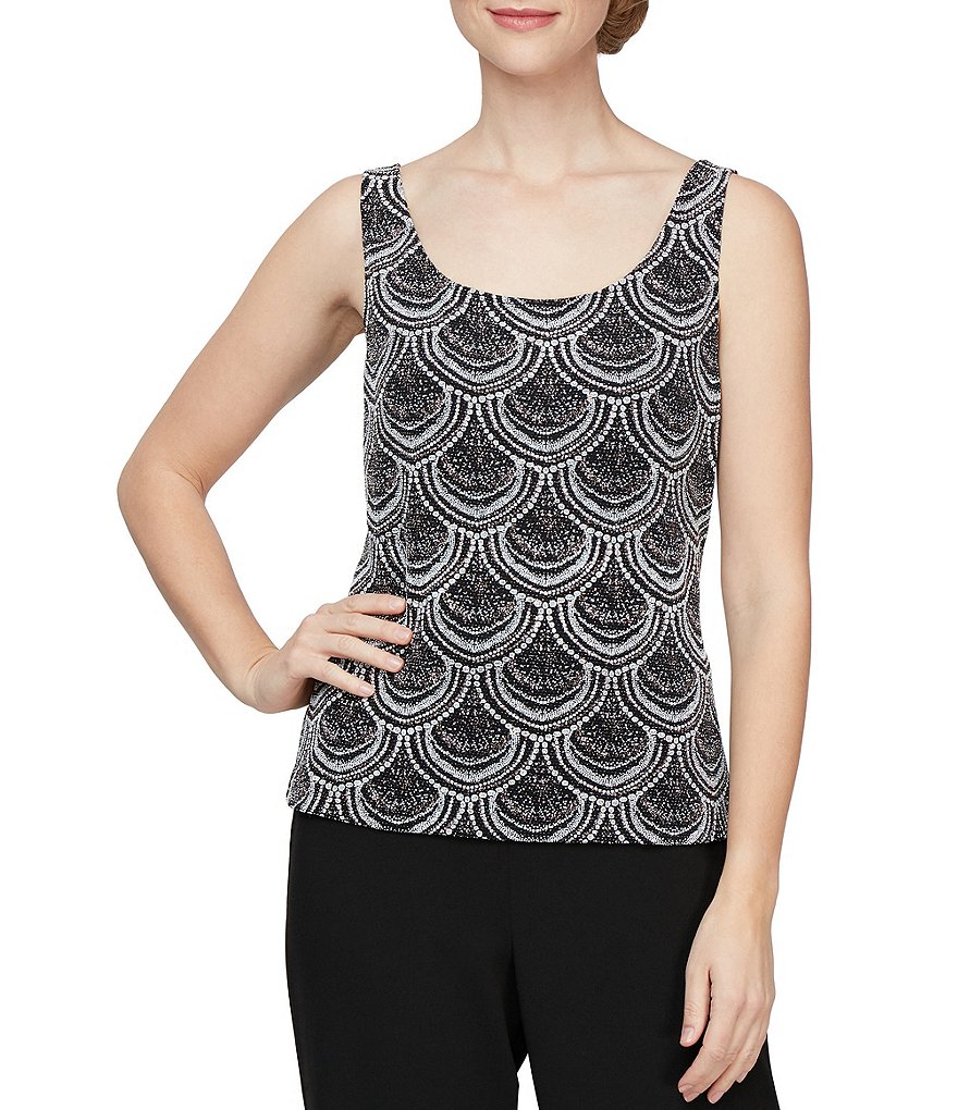 Alex Evenings 3/4 Sleeve Printed Metallic Glitter Knit Twinset