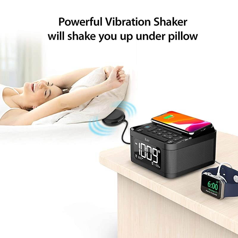 Time Shaker 6Q Wow QiCertified Fast 7510W Wireless Charging Alarm Clock with Vibration Shaker Dual Alarm Bluetooth Speakers FM Radio Sleep Timer 10Level Dimmer USB Charging Port