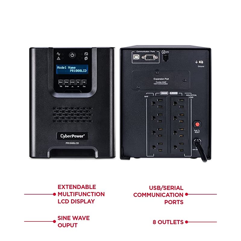 PR1000LCD Smart App Sinewave UPS System, 1000VA/1000W, 8 Outlets, Avr, Mini-Tower , Black
