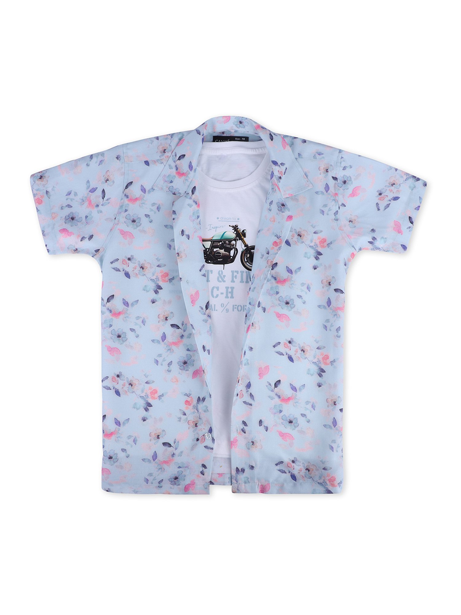 Cavio Kids Sky Blue Floral Print Shirt with T-Shirt