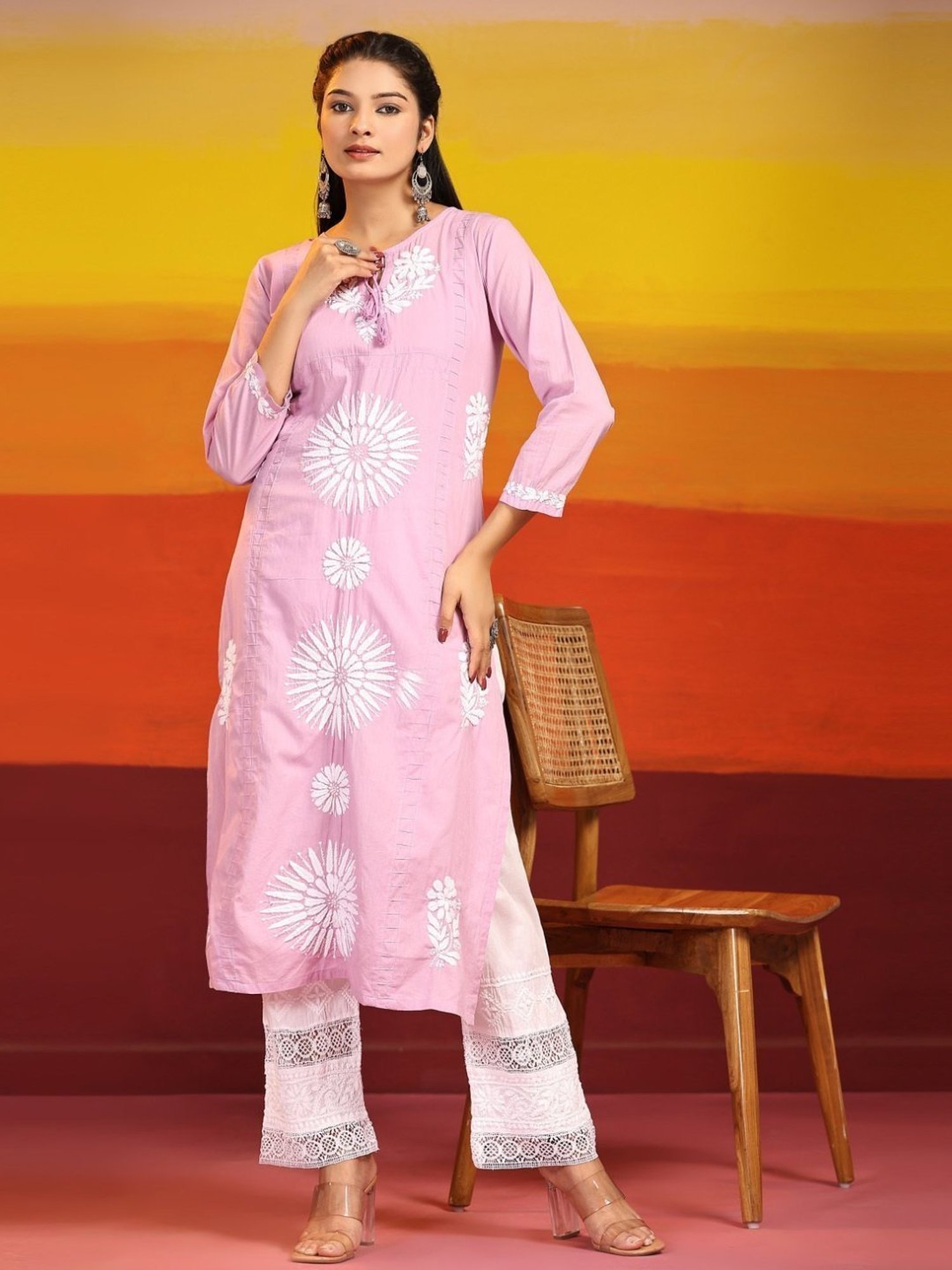 House Of Kari Samma Chikankari Long Kurti In Cotton for Women- Lavender