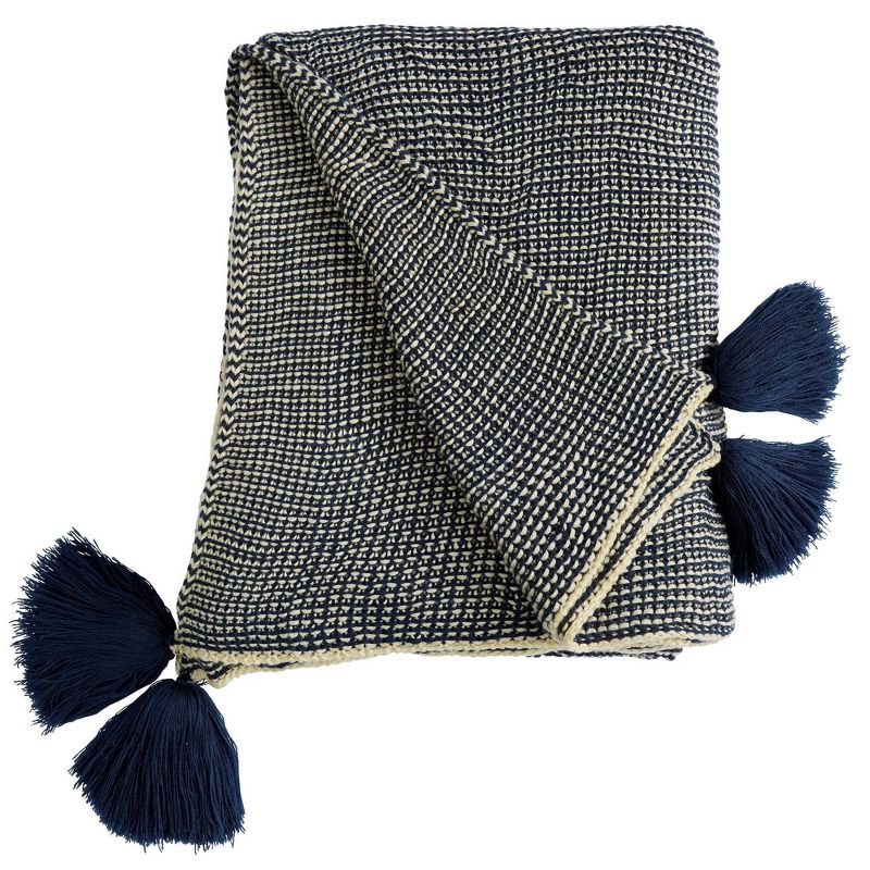 50"x60" Solid Throw Blanket with Pom-Poms Navy/Natural - Patina Vie