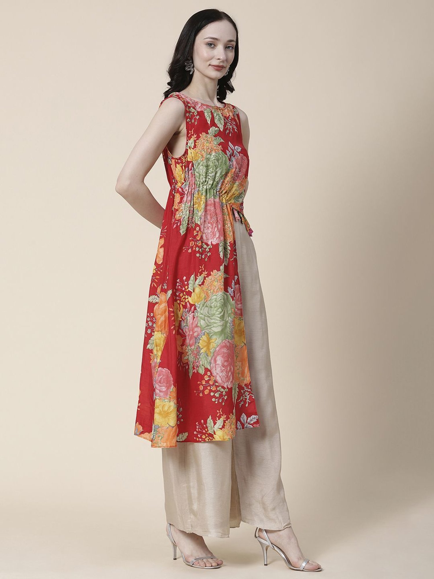 Fashor Red & Beige Printed Top Palazzo Set