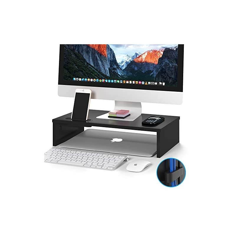 Wood Monitor Stand Riser Desk TV Shelf with Cellphone Holder Ergonomic Laptop Printer Stand with Cable Management for Laptop Computer Notebook iMac PC 167 inches Black