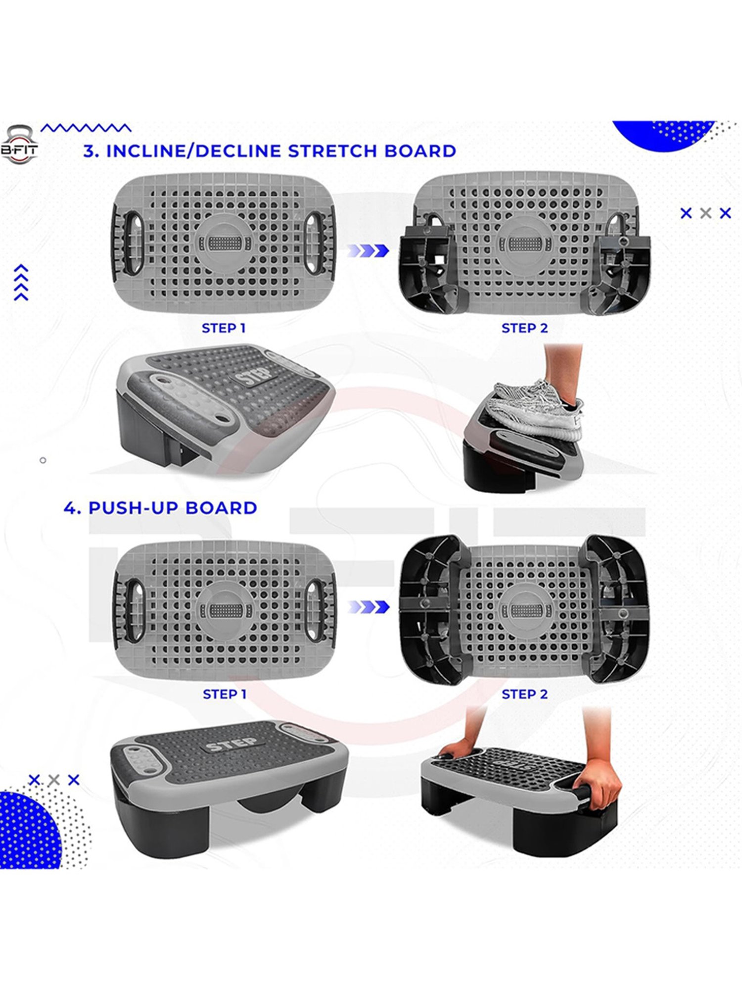 B Fit 4-In-1 Aerobic Step Platform Adjustable Multifunctional Balance Board, Steppers (Grey)
