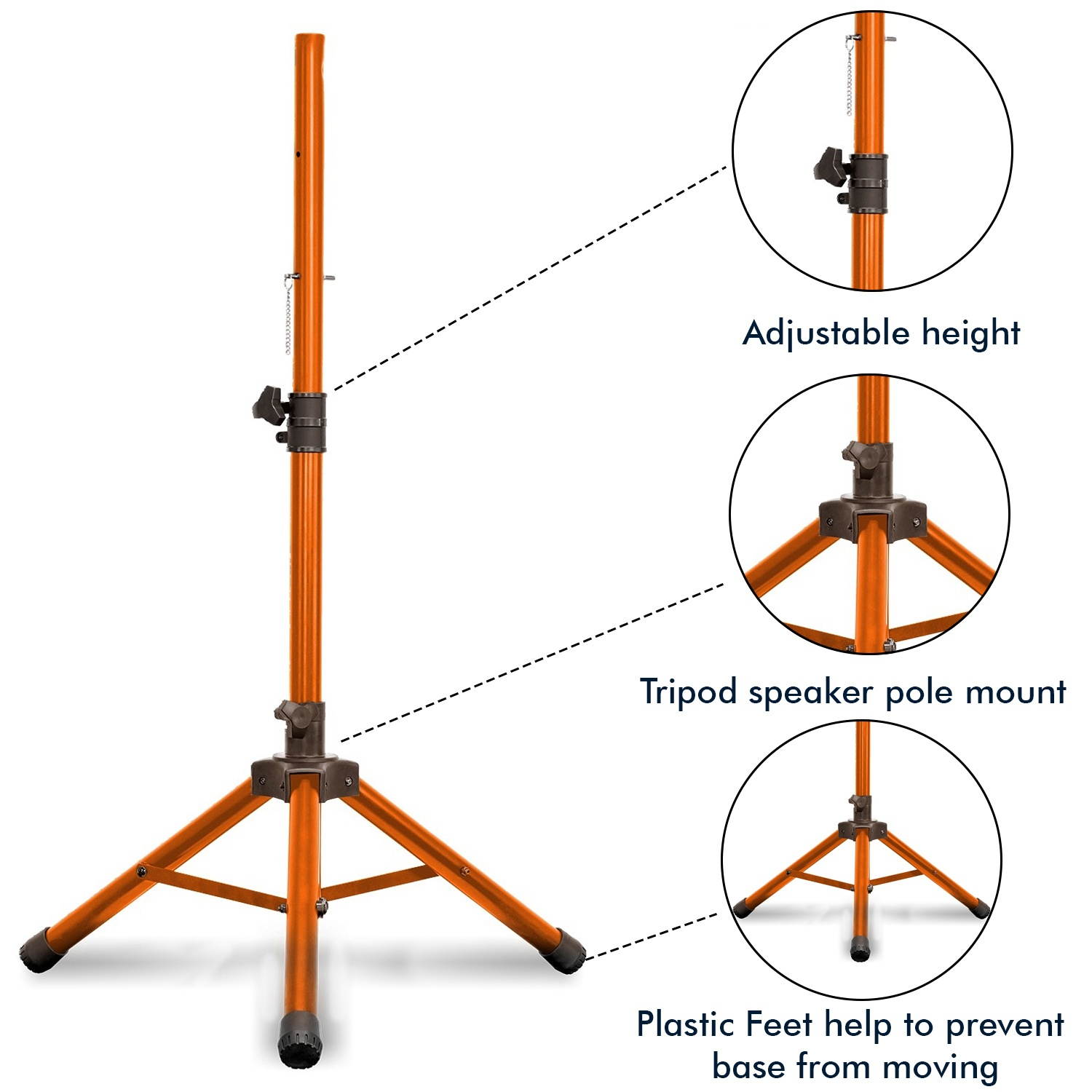Technical Pro Professional Iron Steel Orange Tri-Pod Speaker Stand with Plastic Feet, 40 lbs Capacity, Adjustable Height (2 Packs)