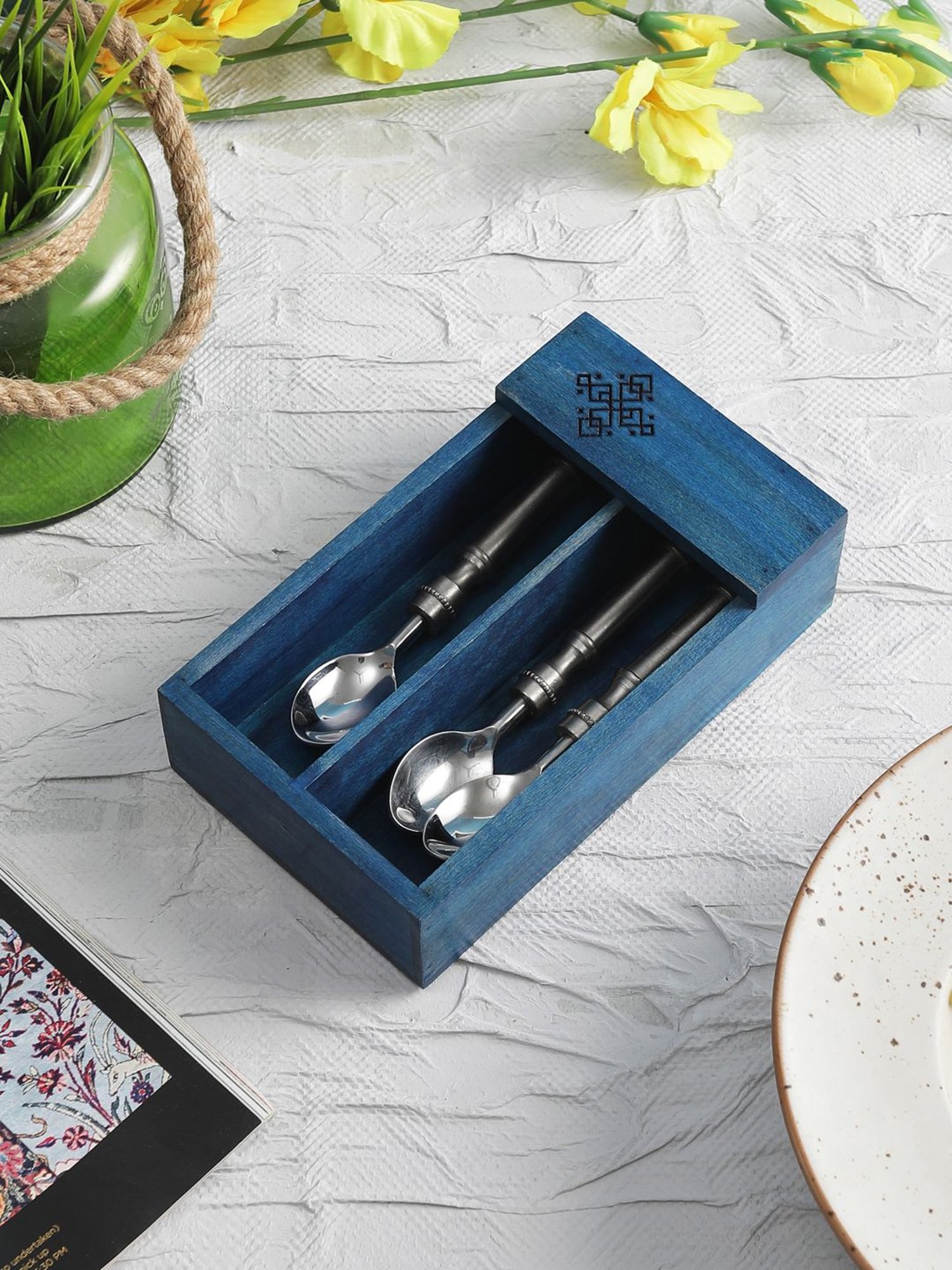 VarEesha Blue Wood Cutlery Tray - Set of 1