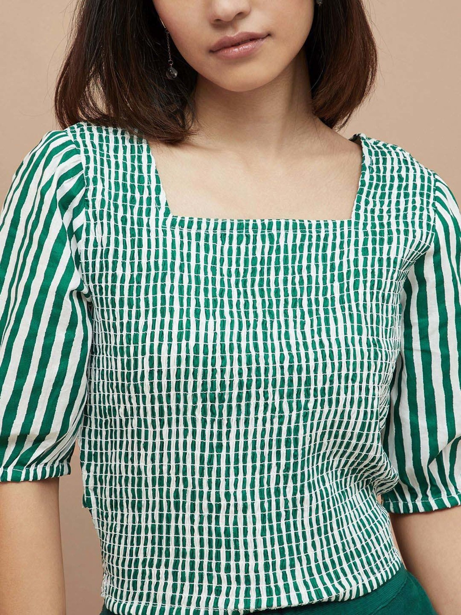Colour Me by Melange Green Cotton Striped Top