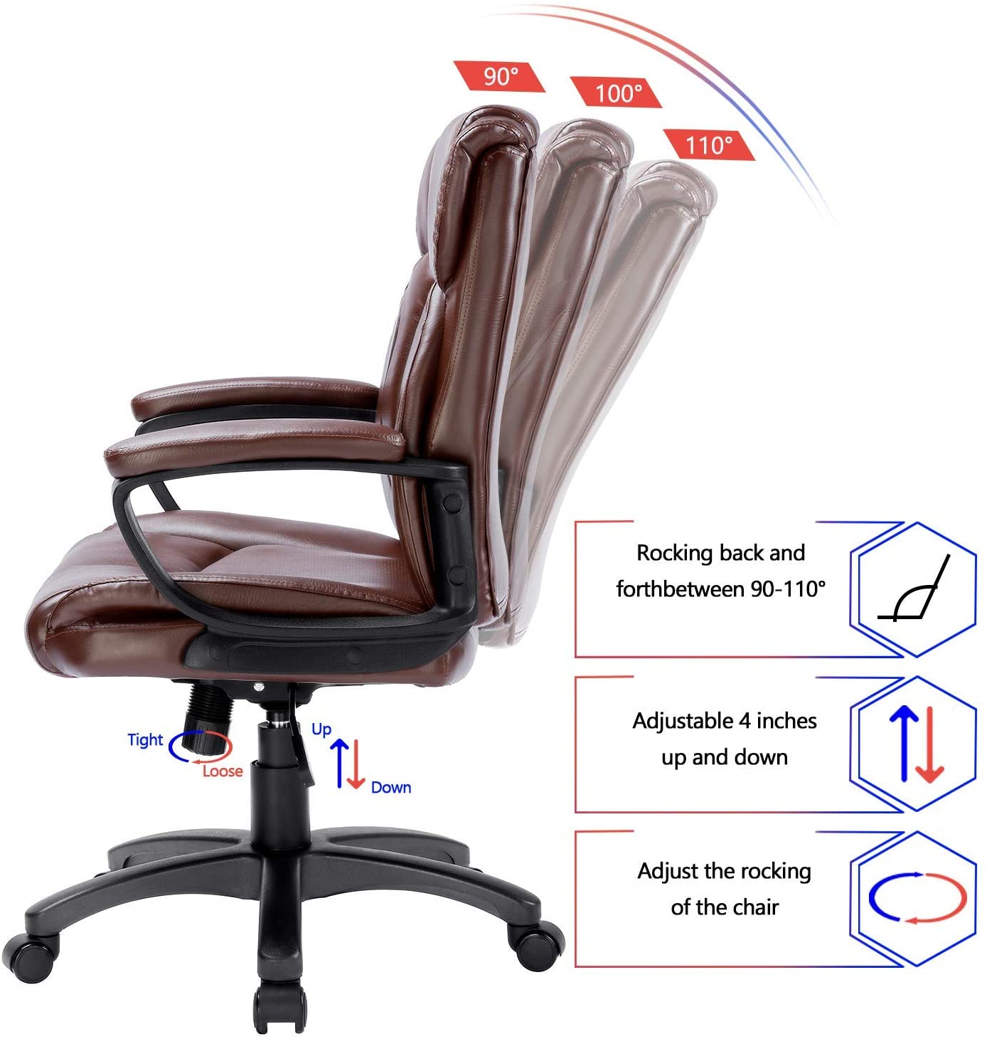 BOSSIN Mid-Back Executive Office Chair Leather Computer Desk Chair with Armrest,Swivel Ergonomic Task Chair with Lumbar Support,Thick Padded Rolling Chair for Adults (Mid-Back, Black)