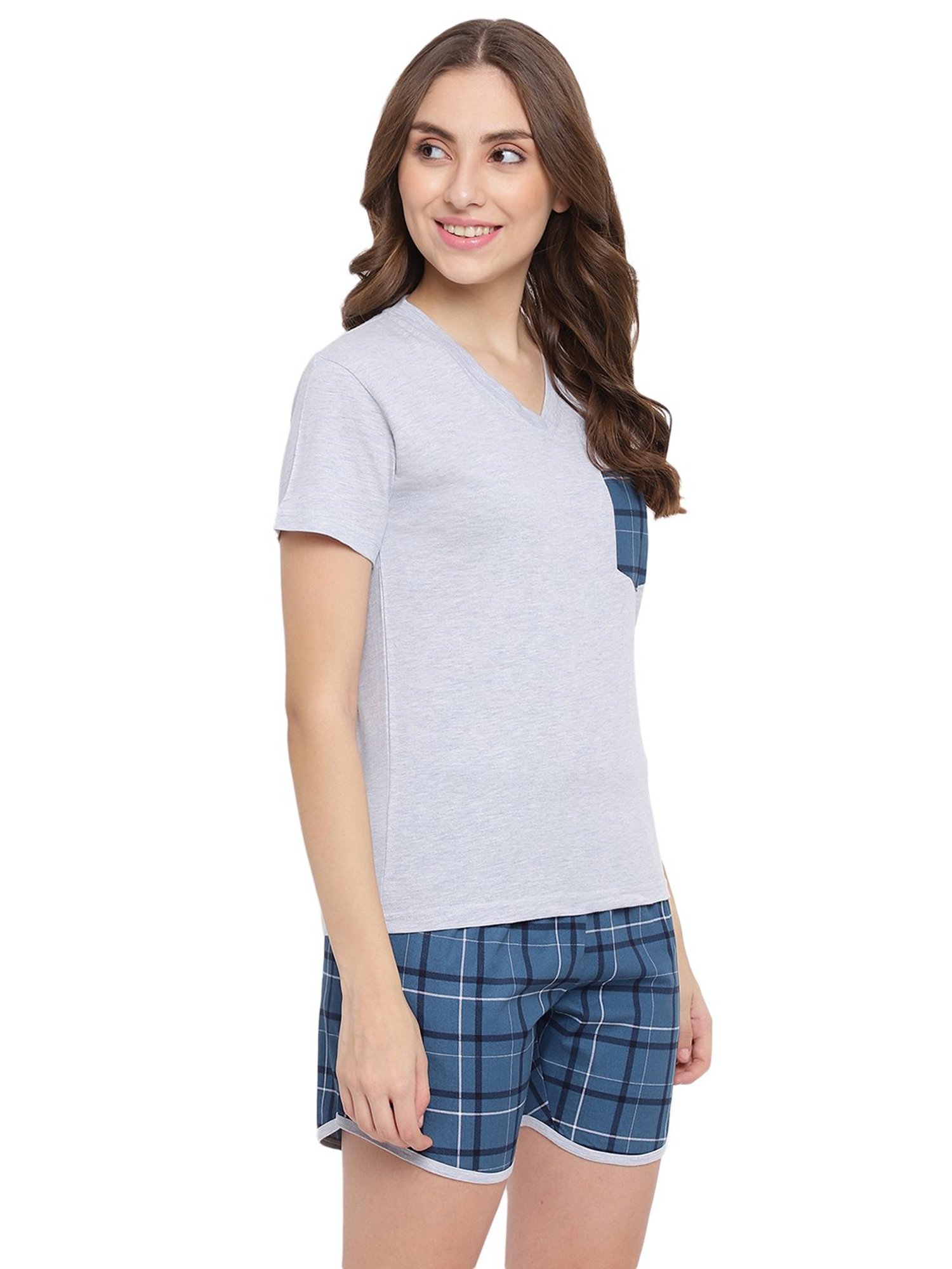 La Intimo Grey & Blue Check T-Shirt With Shorts