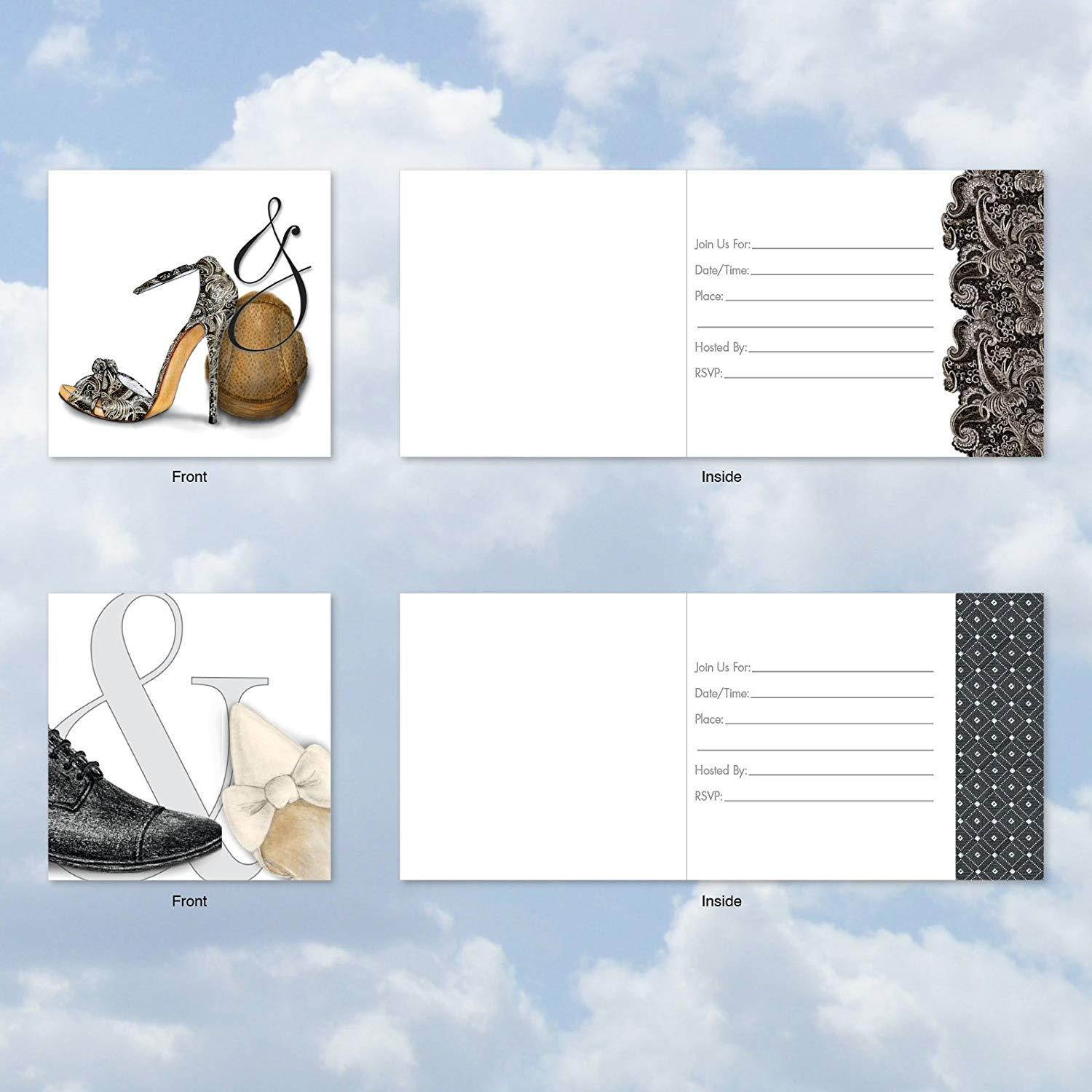AMQ5068WIG-B1x10 Sole Mates Wedding Invitation: Set of 10 'Square-Top' Greeting Cards Featuring Men and Women's Wedding Shoes Paired for Life, with Envelopes (1 each of 10 Designs, Size: 4" x 5")