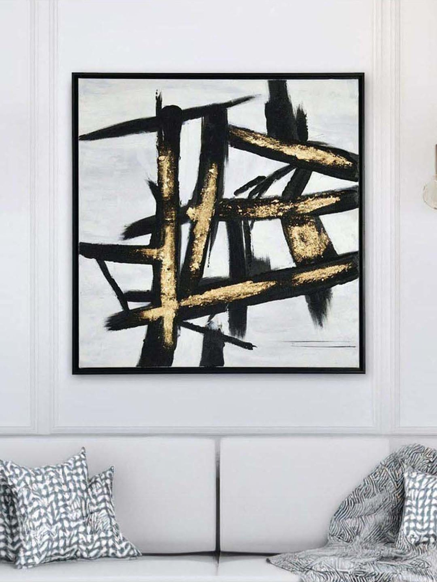 @home Black & Gold Canvas Criss Cross Design Wall Painting