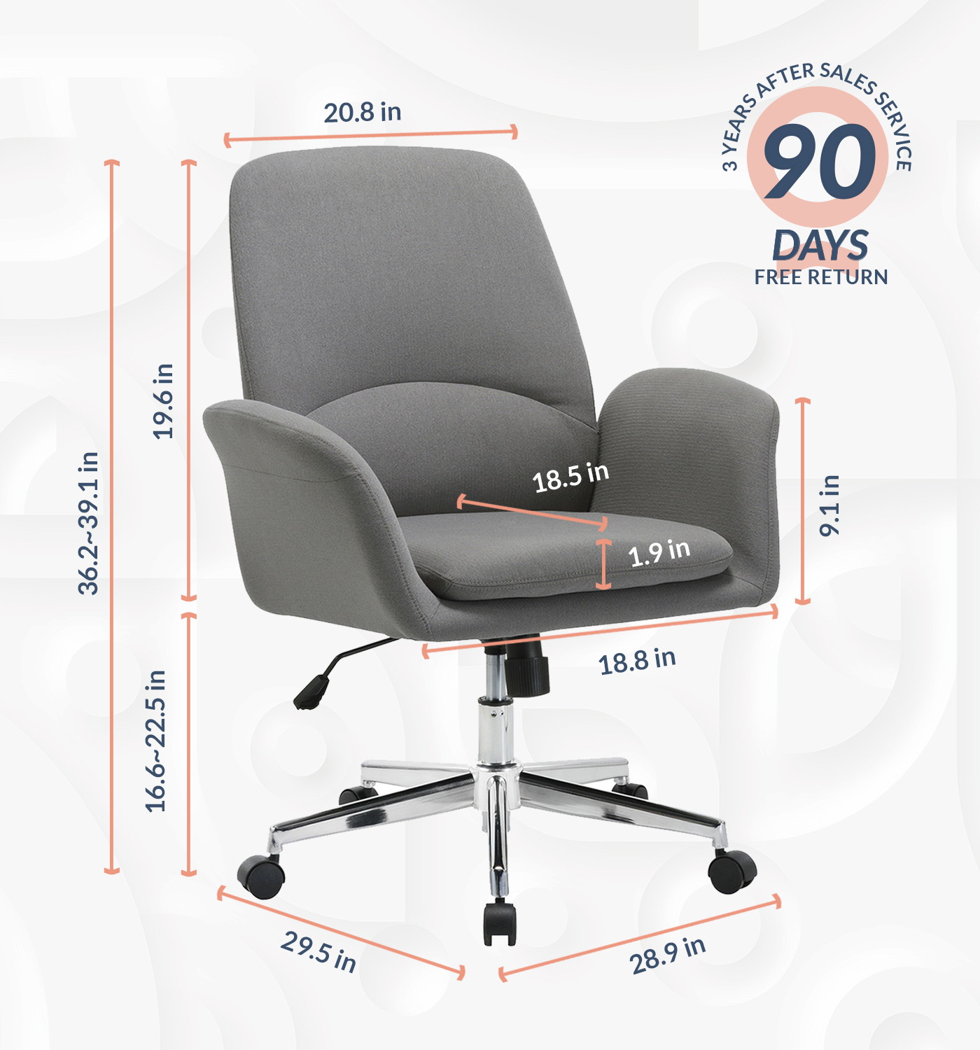 Upholstered Home Office Chair with Comfy Back Support for Conference Room Study Grey BIFMA Certified