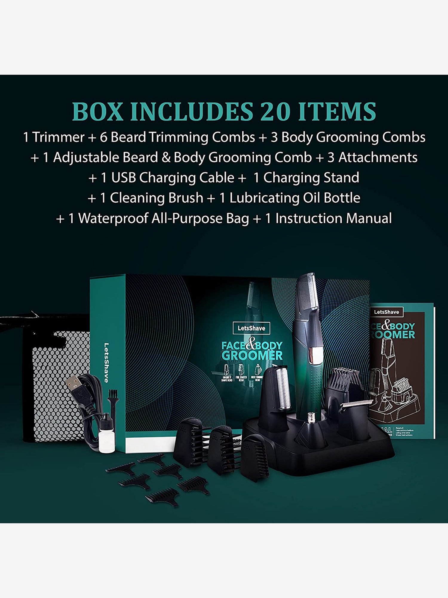 LetsShave Rechargeable Cordless Grooming Kit For Men (Green/Black)