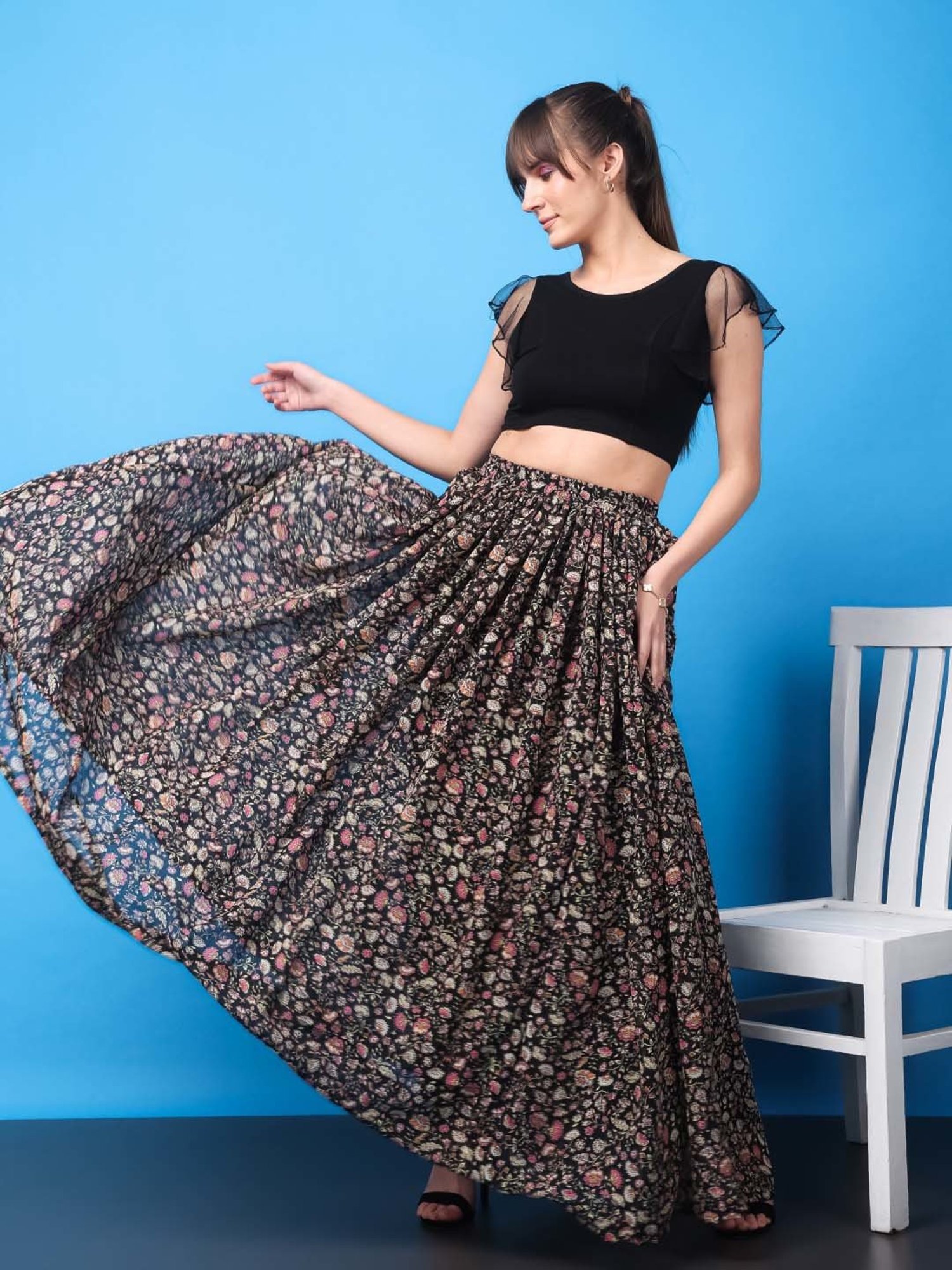 Belle Fille Sky Blue & Beige Printed Skirt