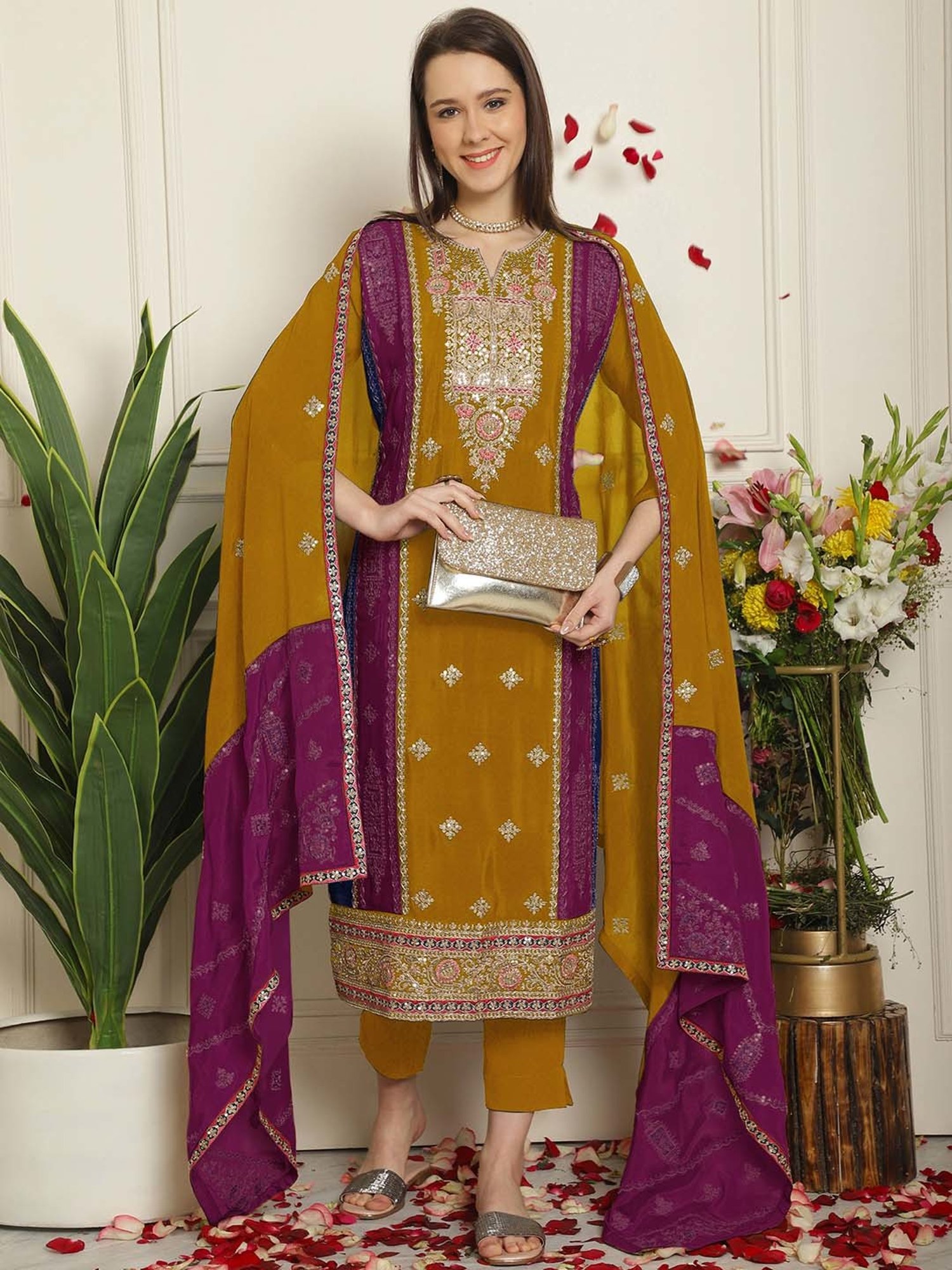 Stylee LIFESTYLE Mustard Embroidered Unstitiched Dress Material