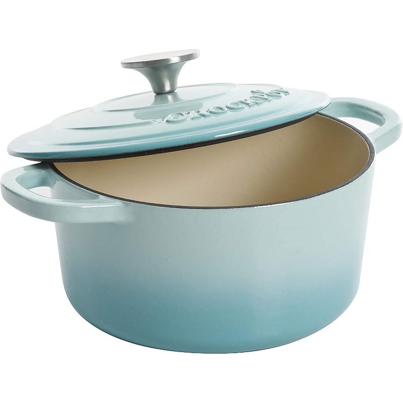 Crock-Pot 7 Quart Capacity Round Enamel Cast Iron Covered Dutch Oven Kitchen Cookware with Matching Self Basting Lid, Aqua Blue Ombre