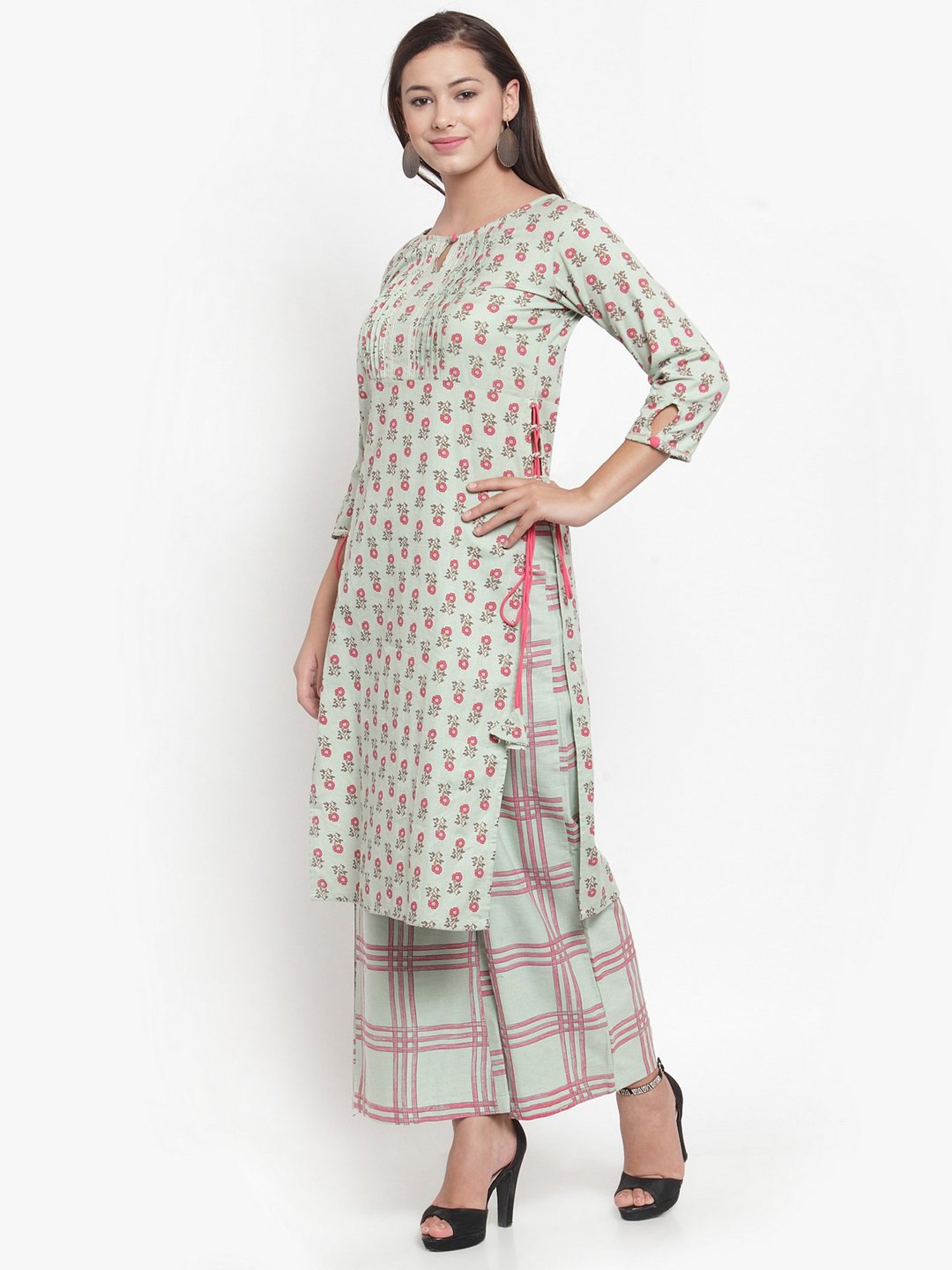Indibelle Green Cotton Floral Print Straight Kurta