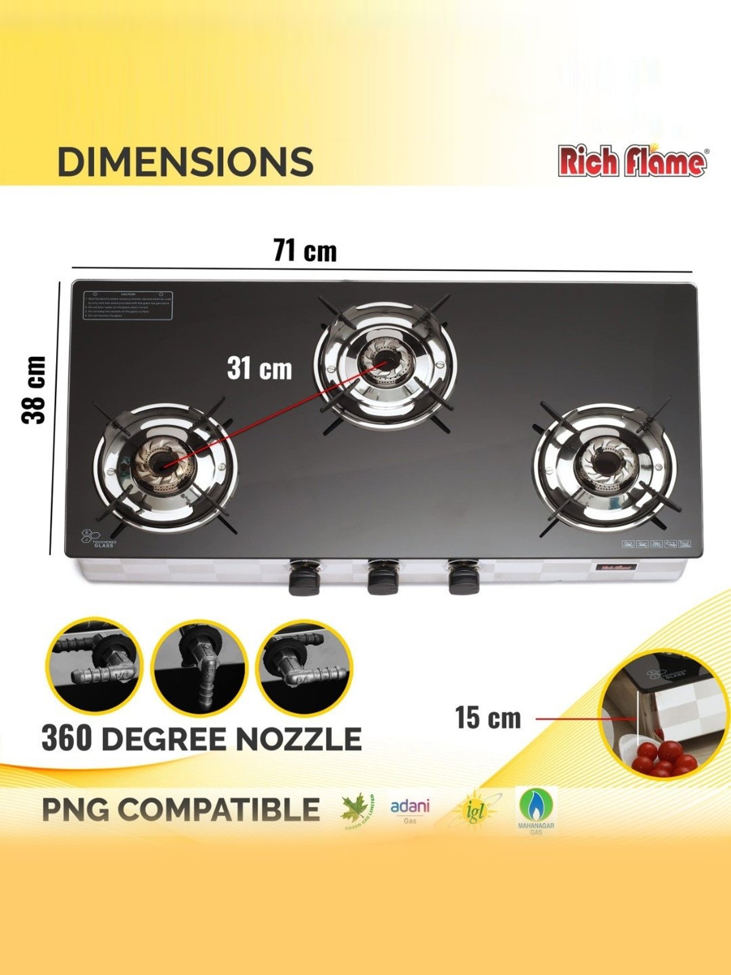RICHFLAME Gas Stove with 3 Burners ( Black )