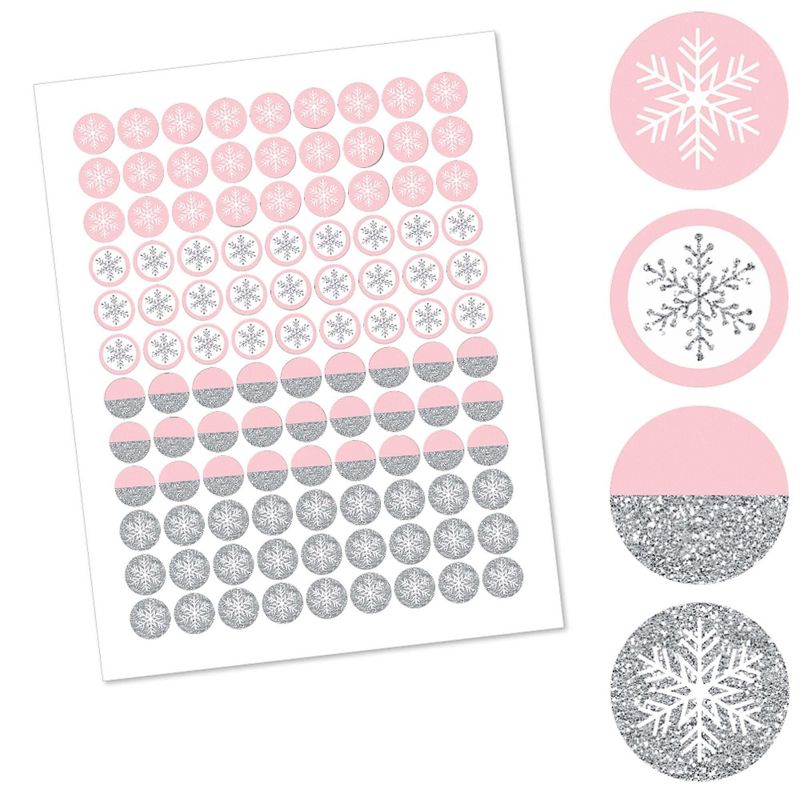 Big Dot of Happiness Pink Winter Wonderland - Snowflake Party or Baby Shower Round Candy Sticker Favors - Labels Fit Hershey's Kisses (1 Sheet of 108)