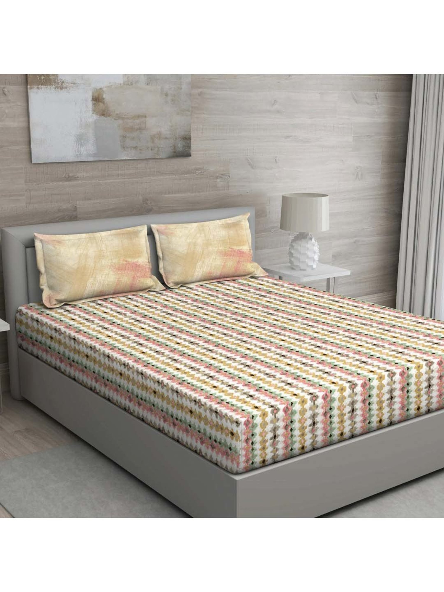 GM 'Matthiola' Beige & Brown Cotton 150 TC Double Bedsheet with 2 Pillow Covers