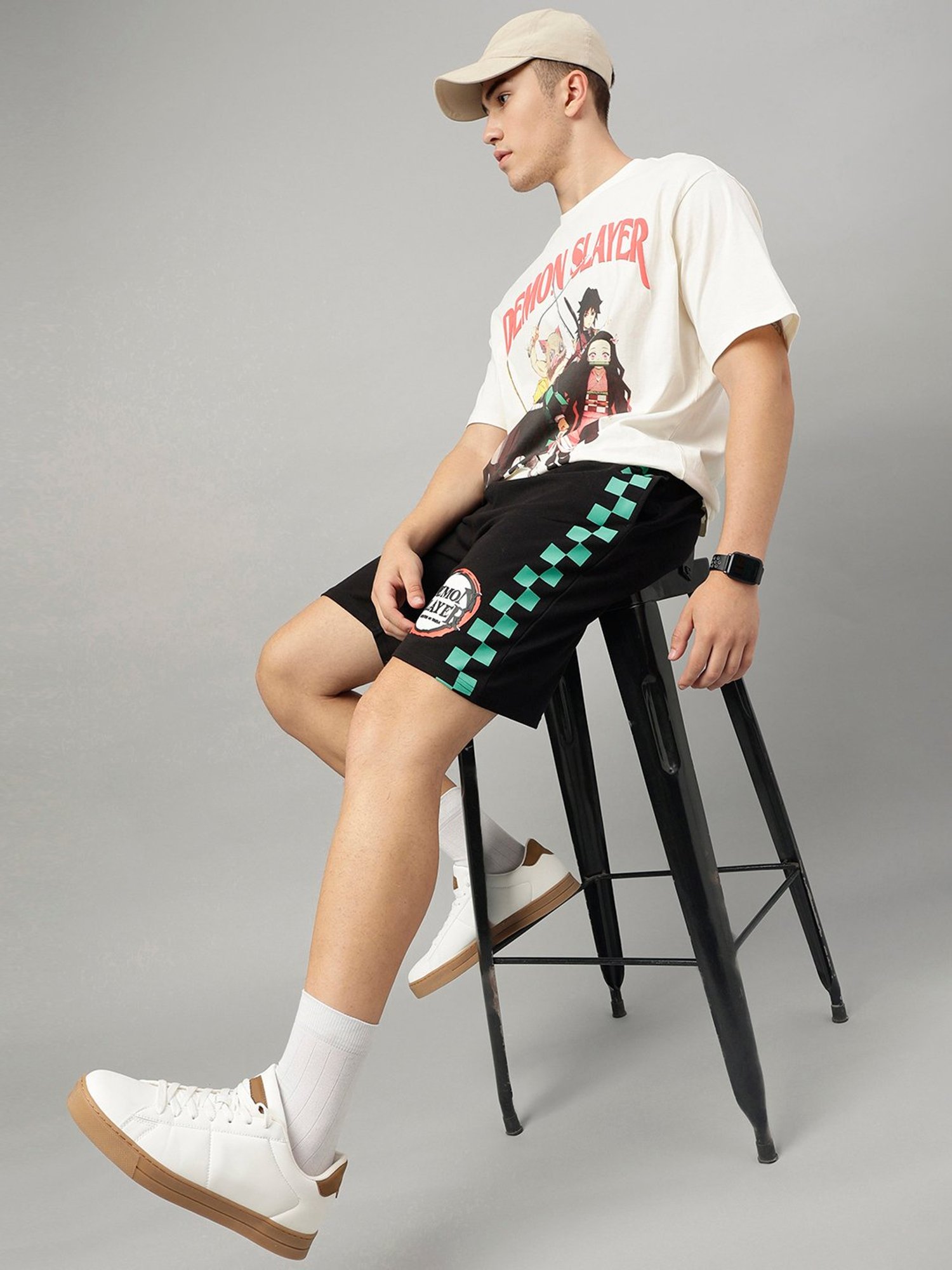 Free Authority Cream & Black Regular Fit Printed T-Shirt & Shorts Set