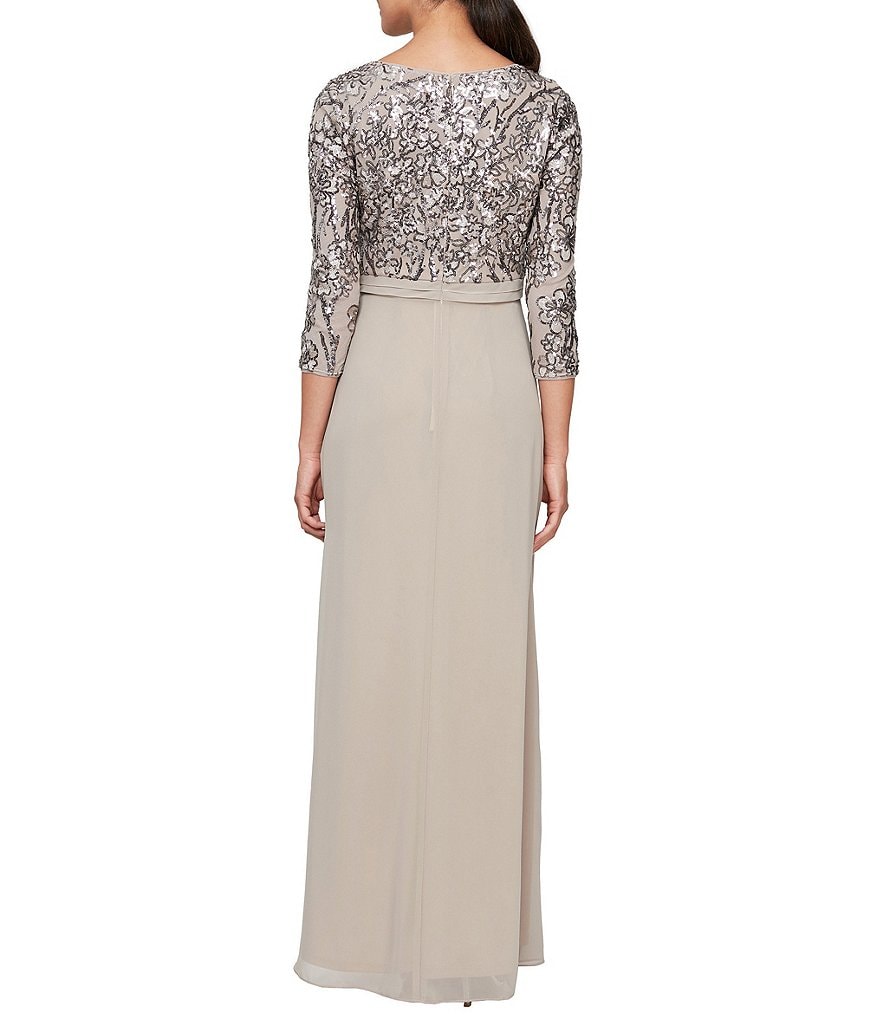 Alex Evenings Stretch Sequin Mesh Empire Waist Drape Front V-Neck 3/4 Sleeve Gown
