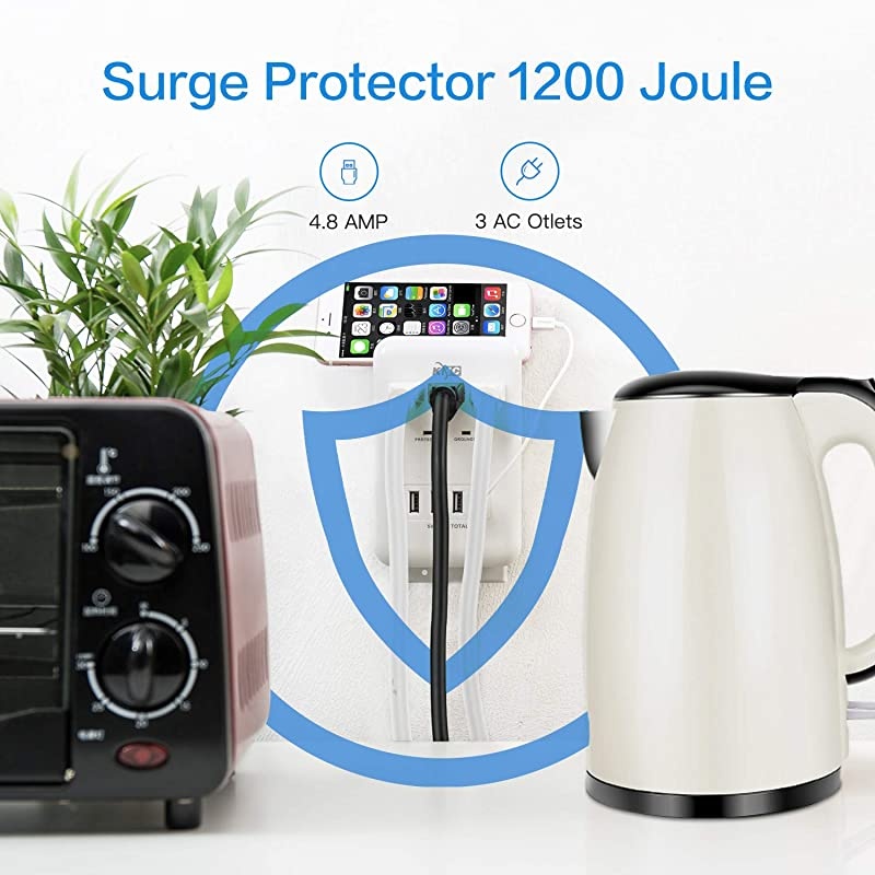 3Outlet Wall Mount Surge Protector 900 Joules with 48 AMP USB Charging Ports 4 USB Charging Ports and 1 Phone Holders for Home School Office ETL Certified
