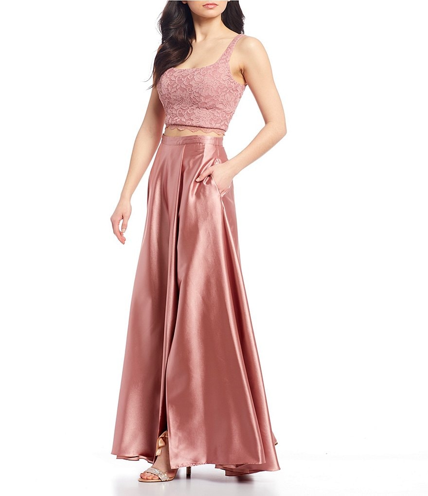 Sequin Hearts Glitter Lace with Side Slit Satin Skirt Two-Piece Long Dress