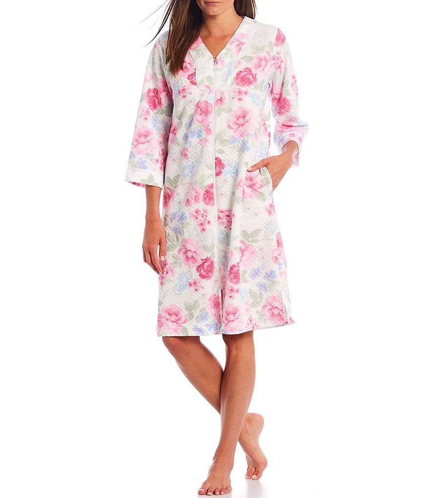 Miss Elaine Petite Cottonessa Floral Print Quilt-In-Knit Zip Front Robe