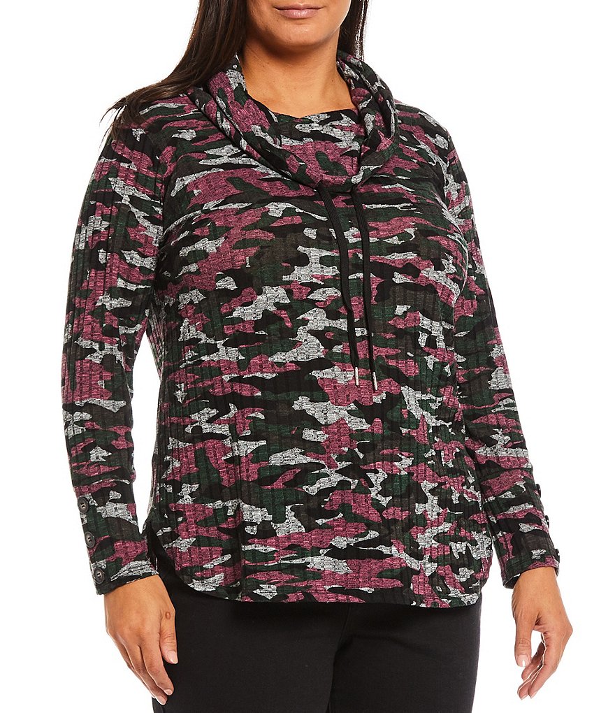 I.N. Studio Plus Size Multicolor Camo Print Long Sleeve Drawstring Cowl Neck Top