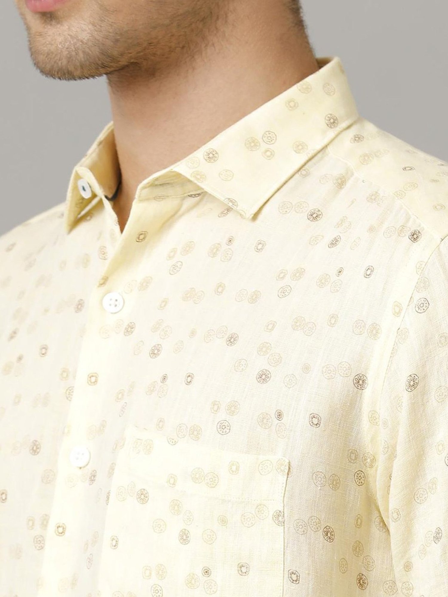 Linen Club Yellow Linen Contemporary Fit Printed Shirt