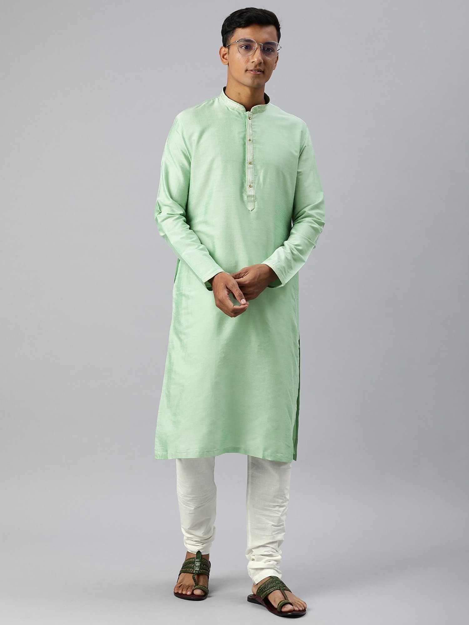 Manthan Green & White Regular Fit Kurta & Churidar Set