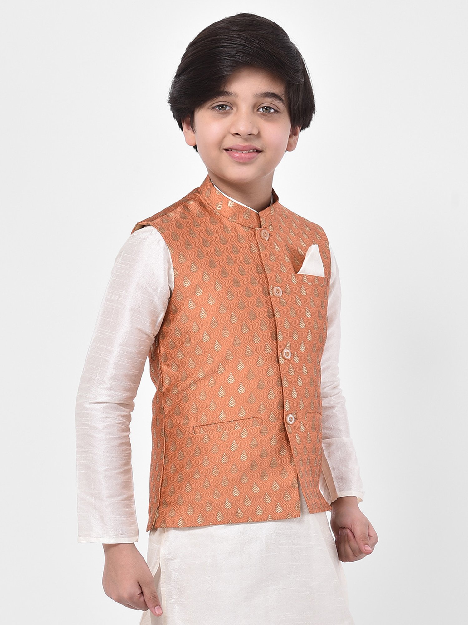 Deyann Kids Peach Embroidered Nehru Jacket