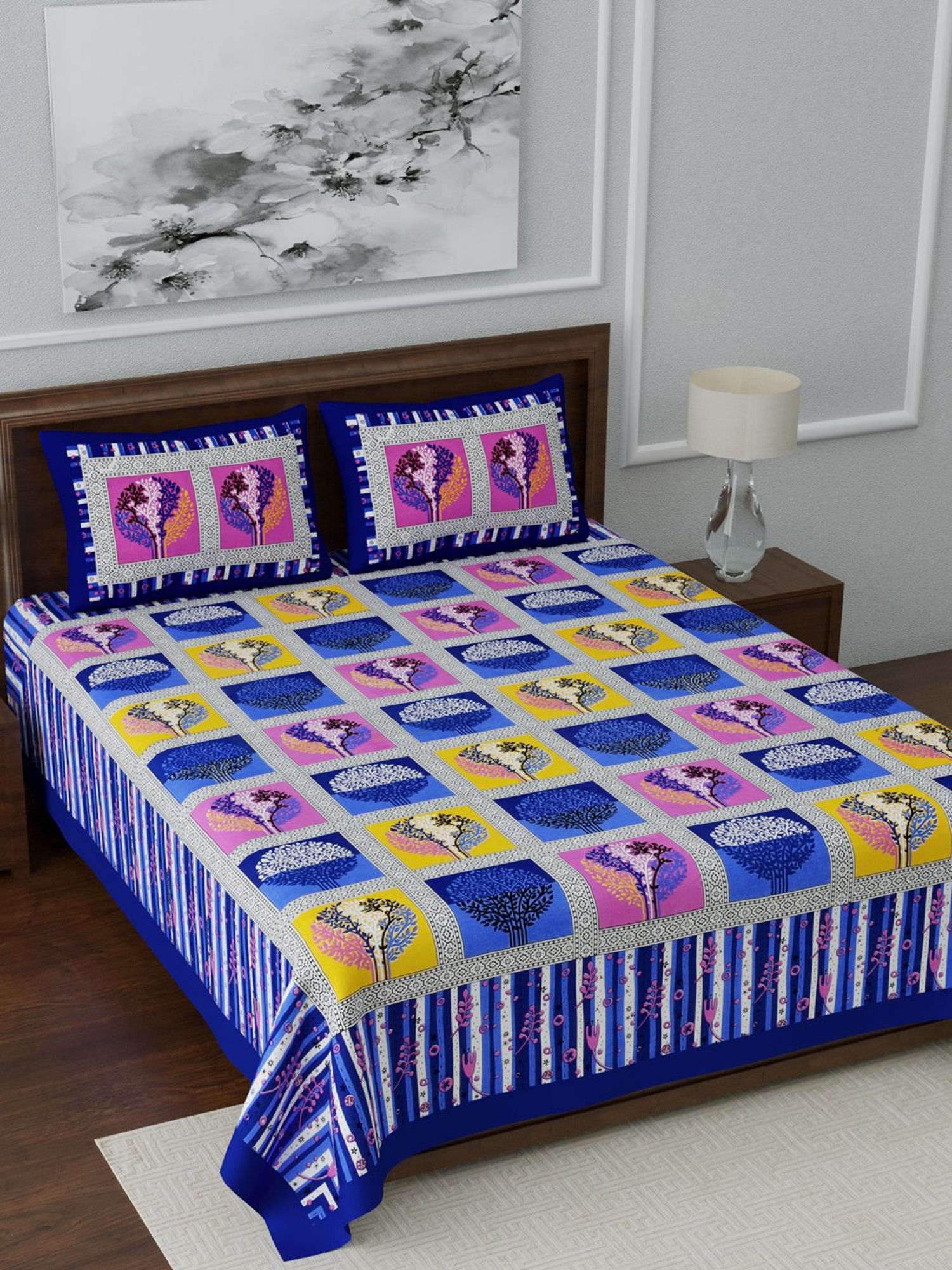 Living Roots Multicolor Jaipuri Printed Cotton Bed Sheet with 2 Pillow Cover