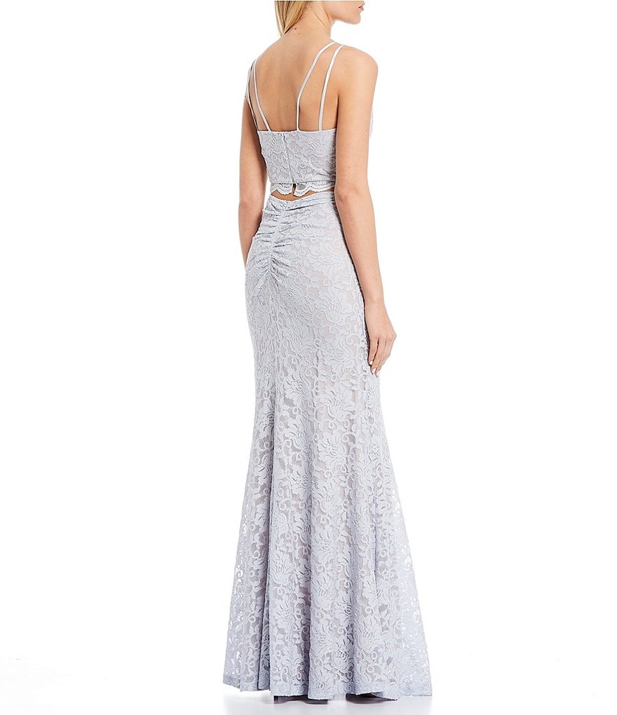 Sequin Hearts Spaghetti Strap Glitter Lace Trumpet Two-Piece Long Dress