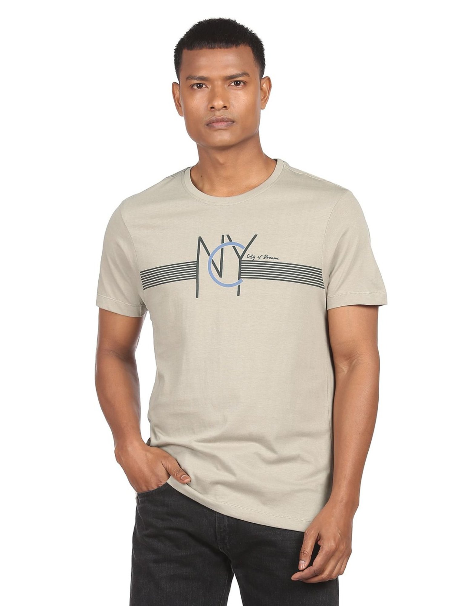Arrow New York Light Olive Cotton Regular Fit Printed T-Shirt