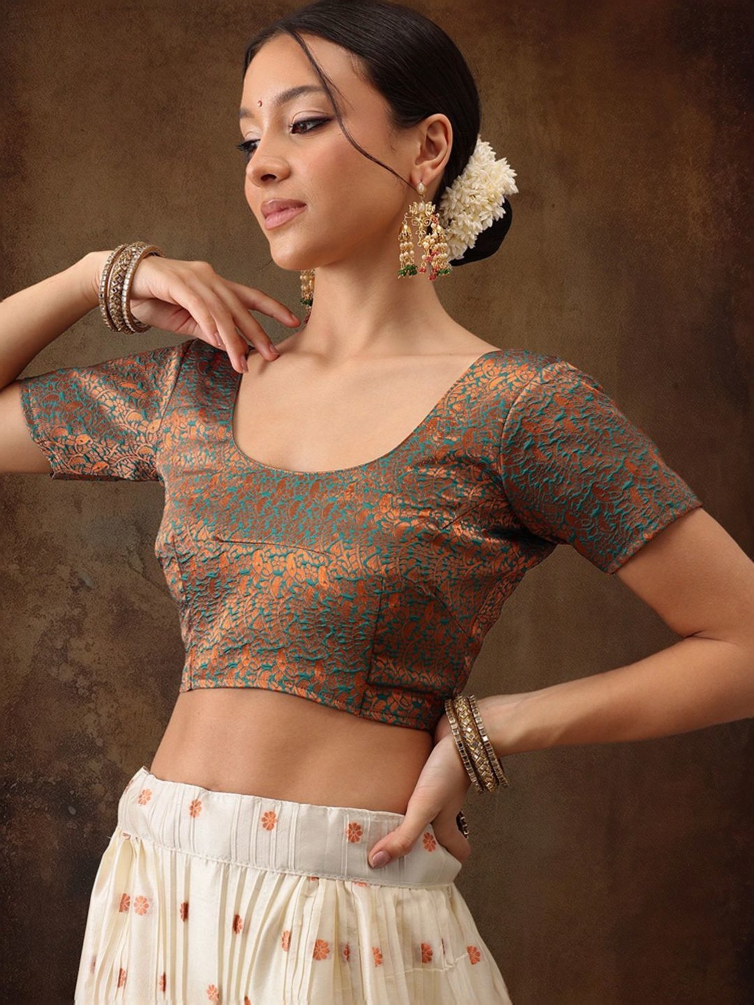 Silk Land Beige & Green Woven Pattern Semi Stitched Lehenga Choli Set With Duppata