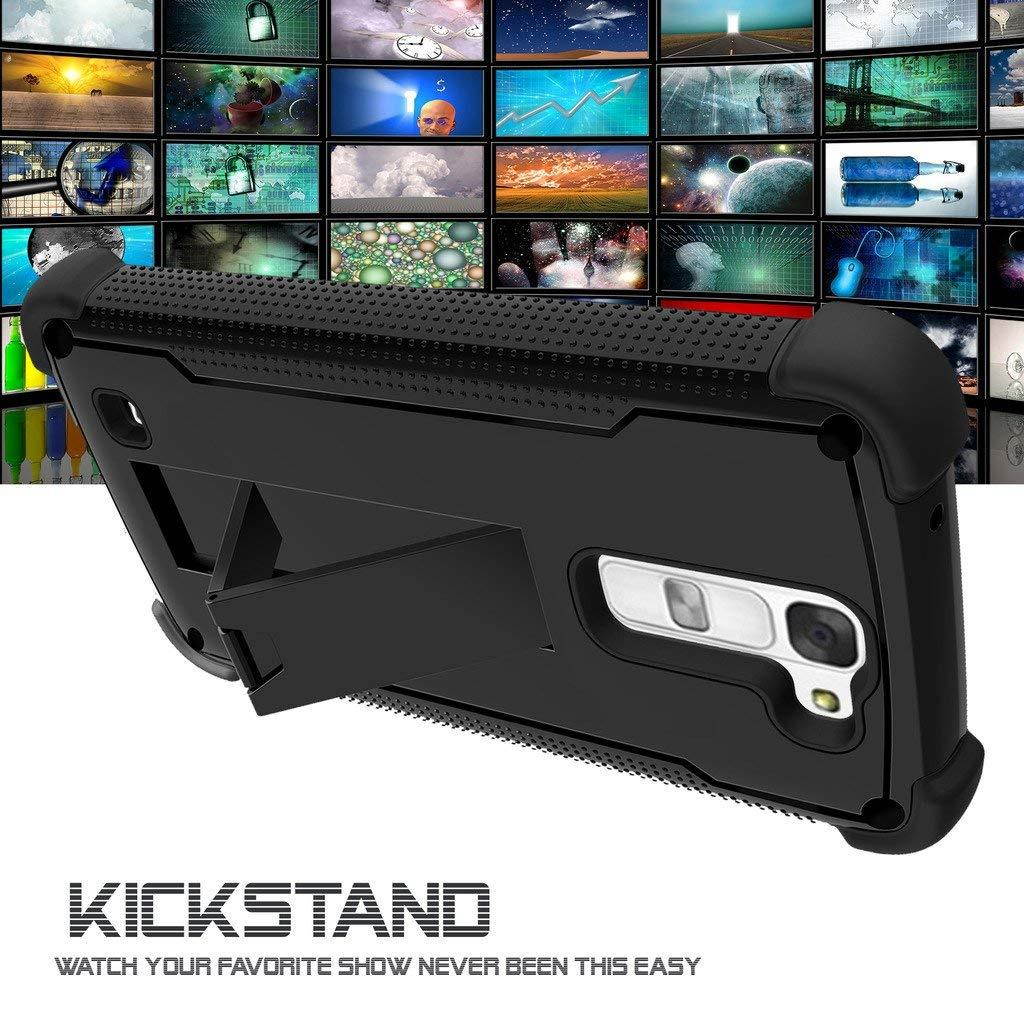TurtleArmor | LG K7 Case | Tribute 5 Case | Treasure Case [Grip Combat] Shockproof Kickstand Defender Case Military War Robot Design with Tempered Glass Screen Protector - Black