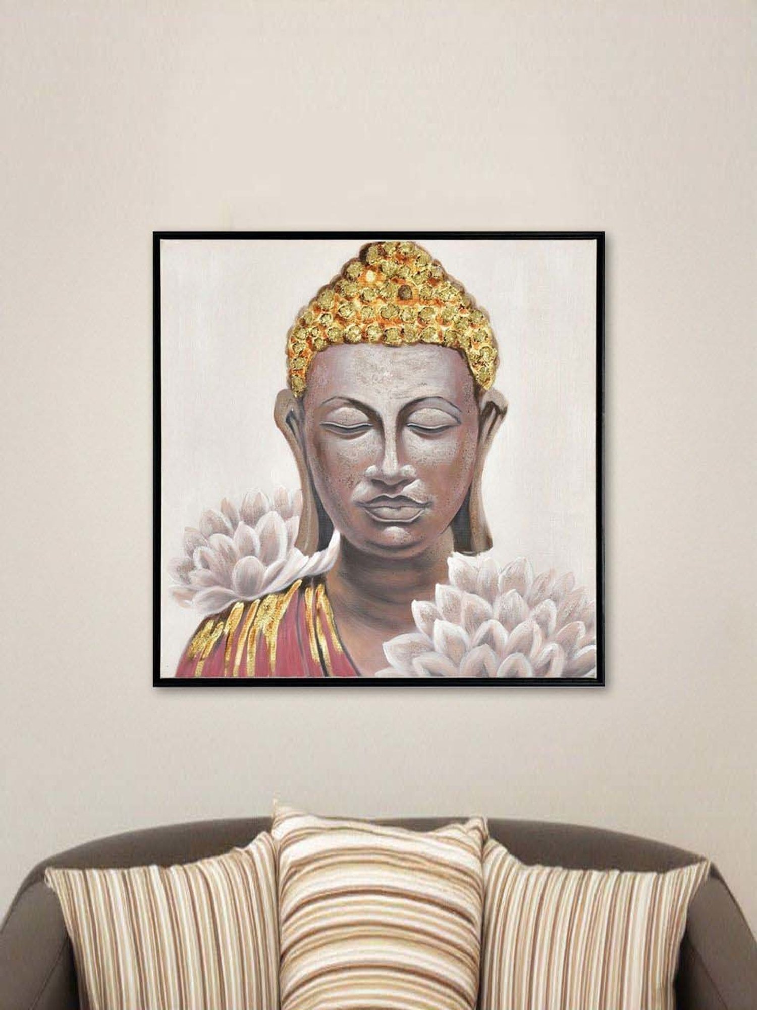 @home Multicolor Canvas Buddha With Flower Wall Painting