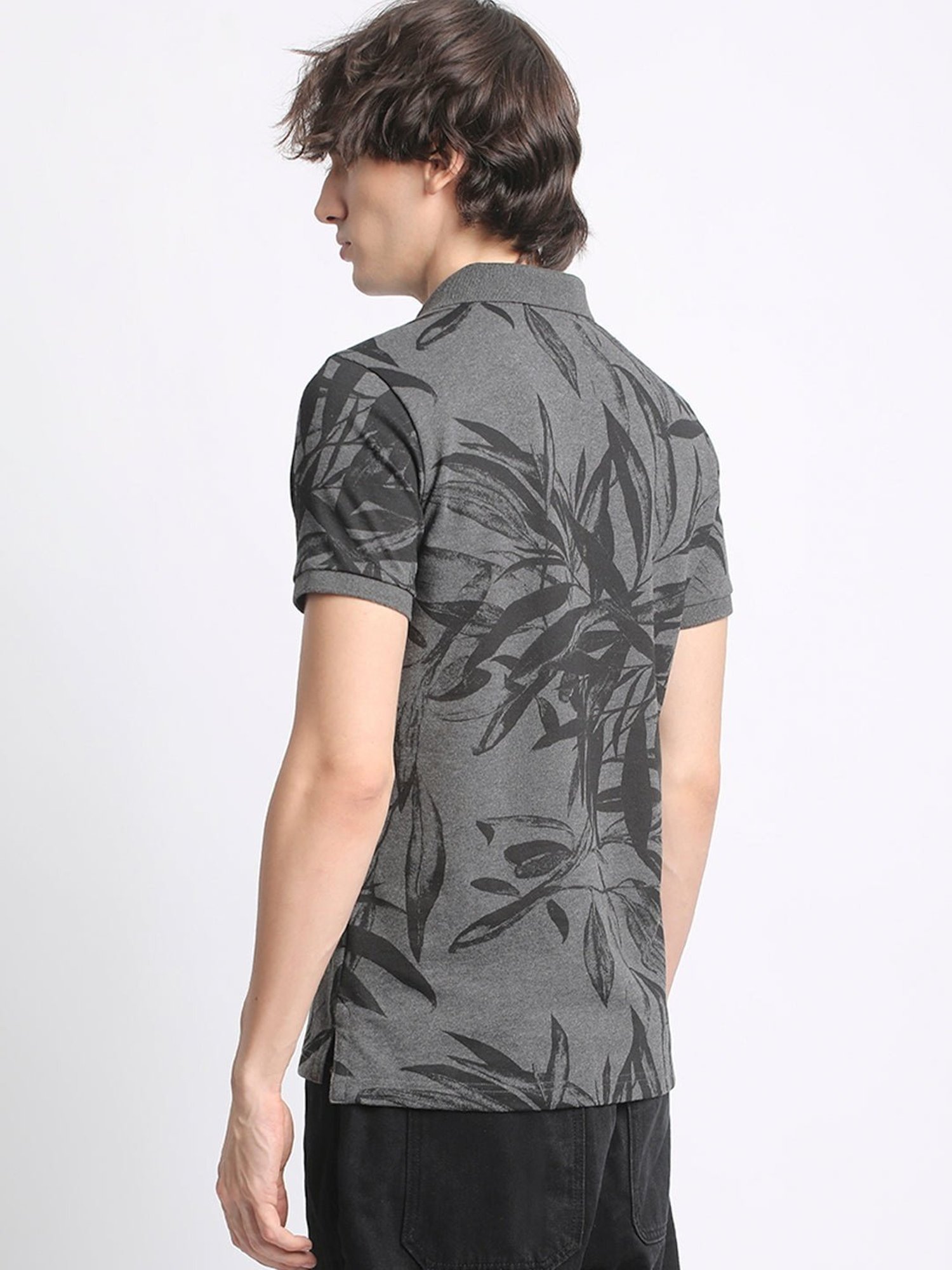 The Bear House Grey Cotton Regular Fit Printed Polo T-Shirt