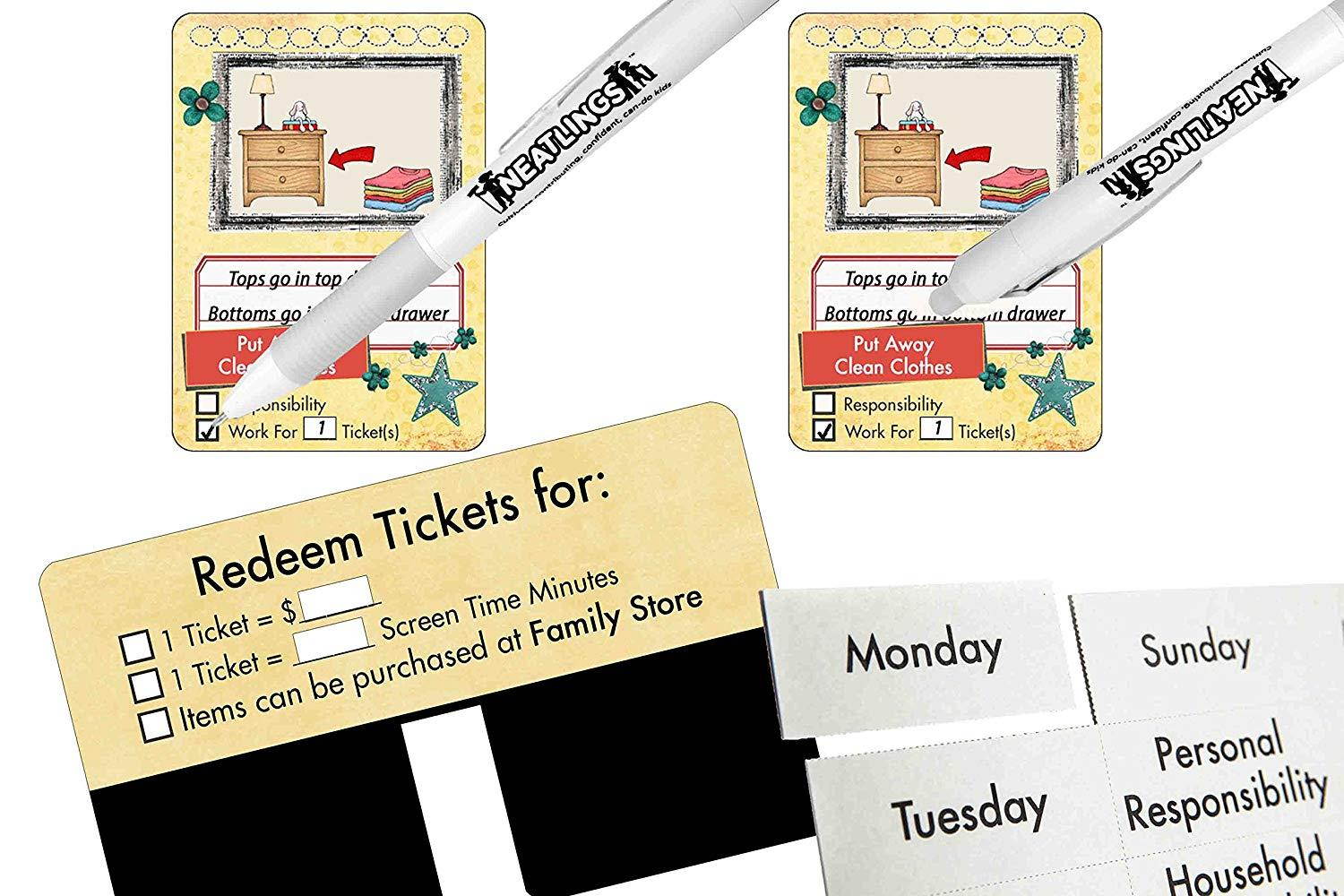 NEATLINGS Chore System - Chore Chart for Kids | 80+ Chores for Toddlers to Teens | Customize for 1 Child | Size 18&rdquo;x12.5&rdquo; | Teal Household Chore Cards/Yellow Self-Care Chore Cards